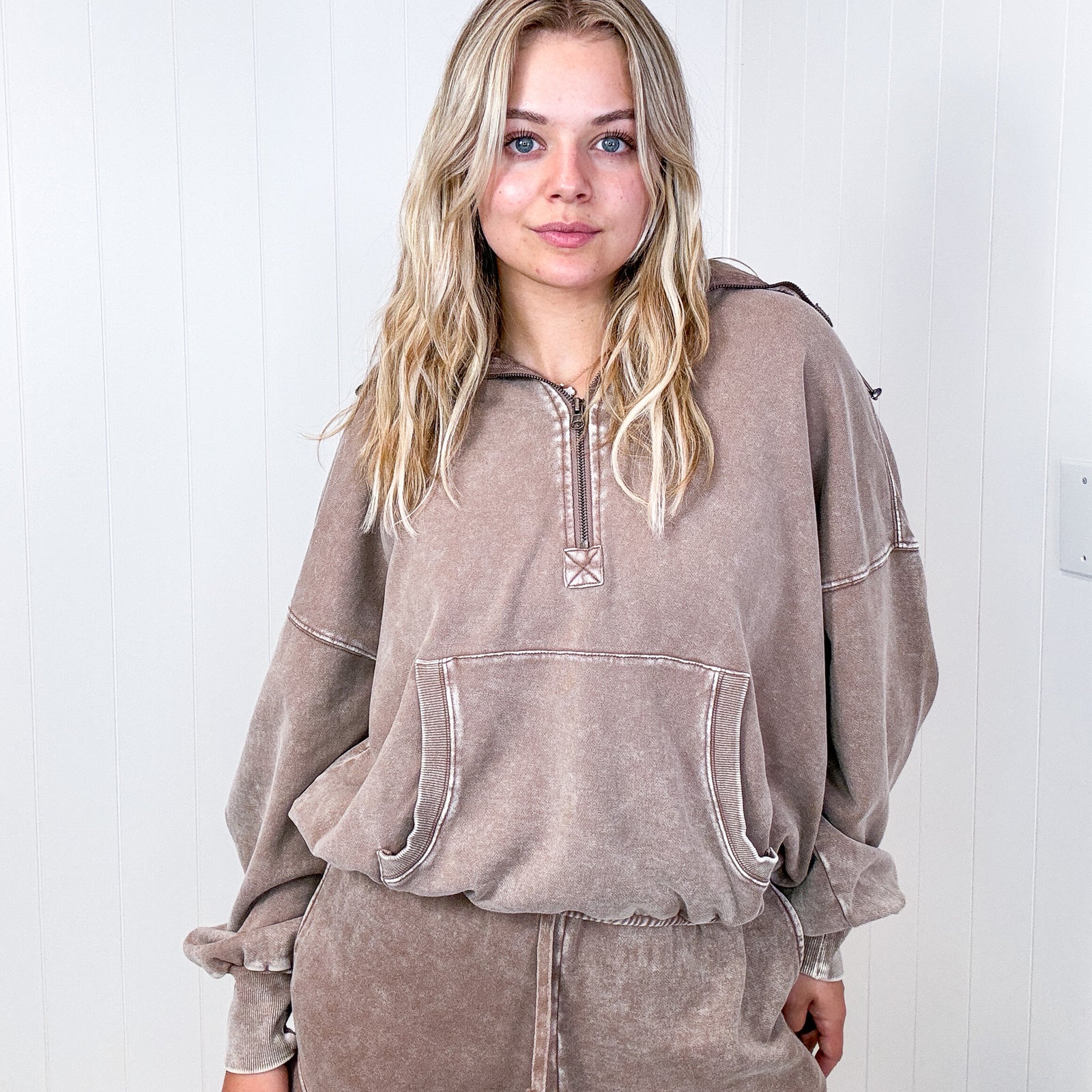 Fun on Fridays Mineral Washed Terry Knit Pullover Hoodie in Mocha - Boujee Boutique 