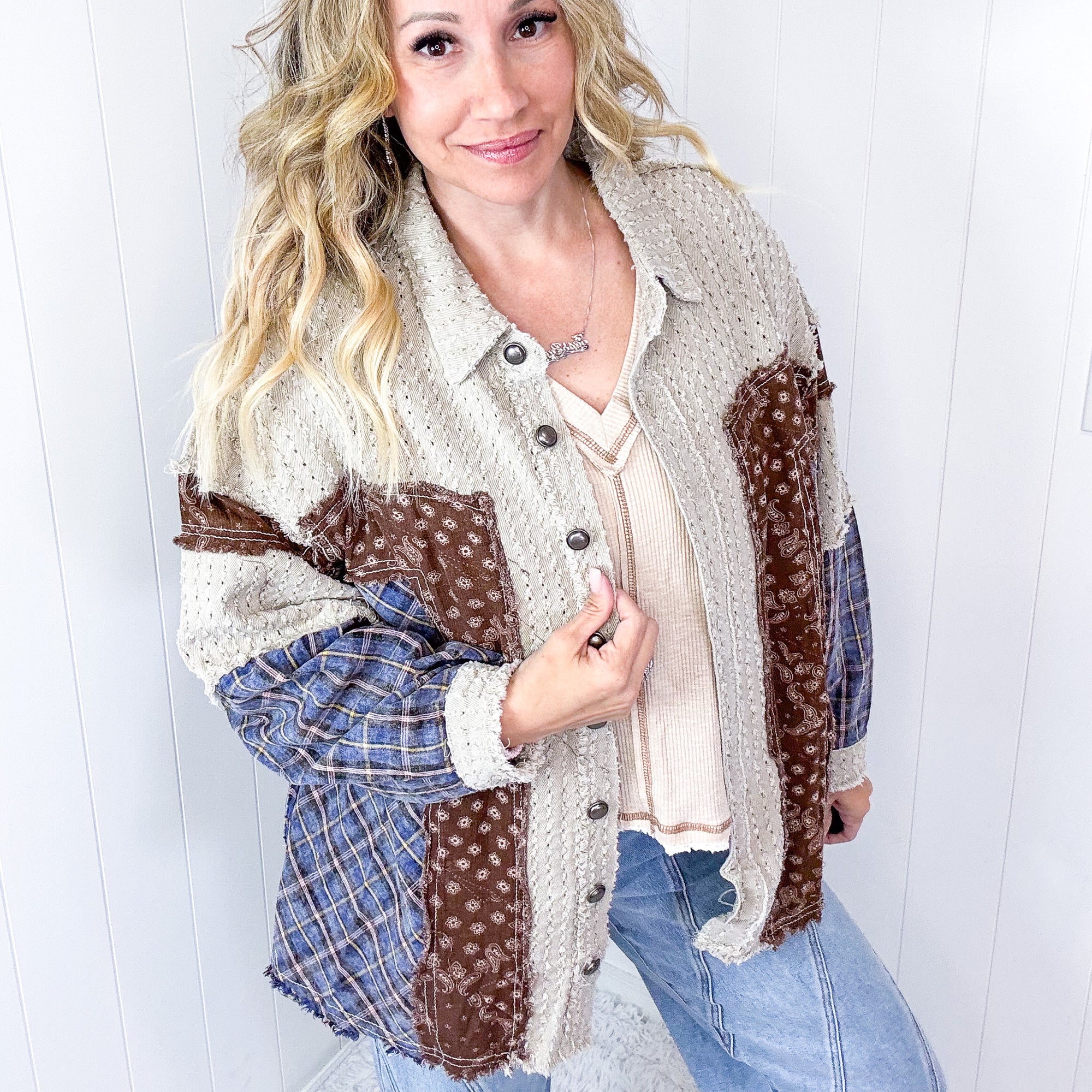 POL Boho Chic Patchwork with Vintage Flair Long Sleeve Jacket - Boujee Boutique 