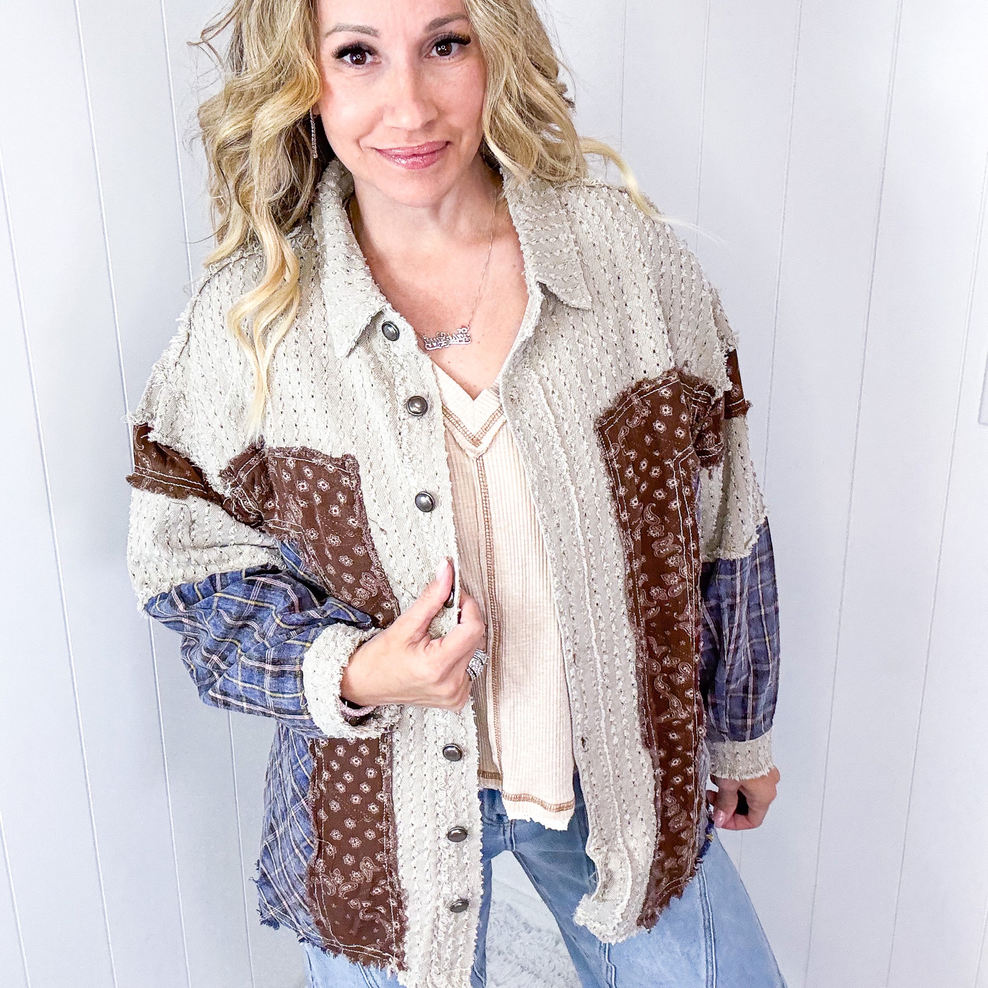 POL Boho Chic Patchwork with Vintage Flair Long Sleeve Jacket - Boujee Boutique 