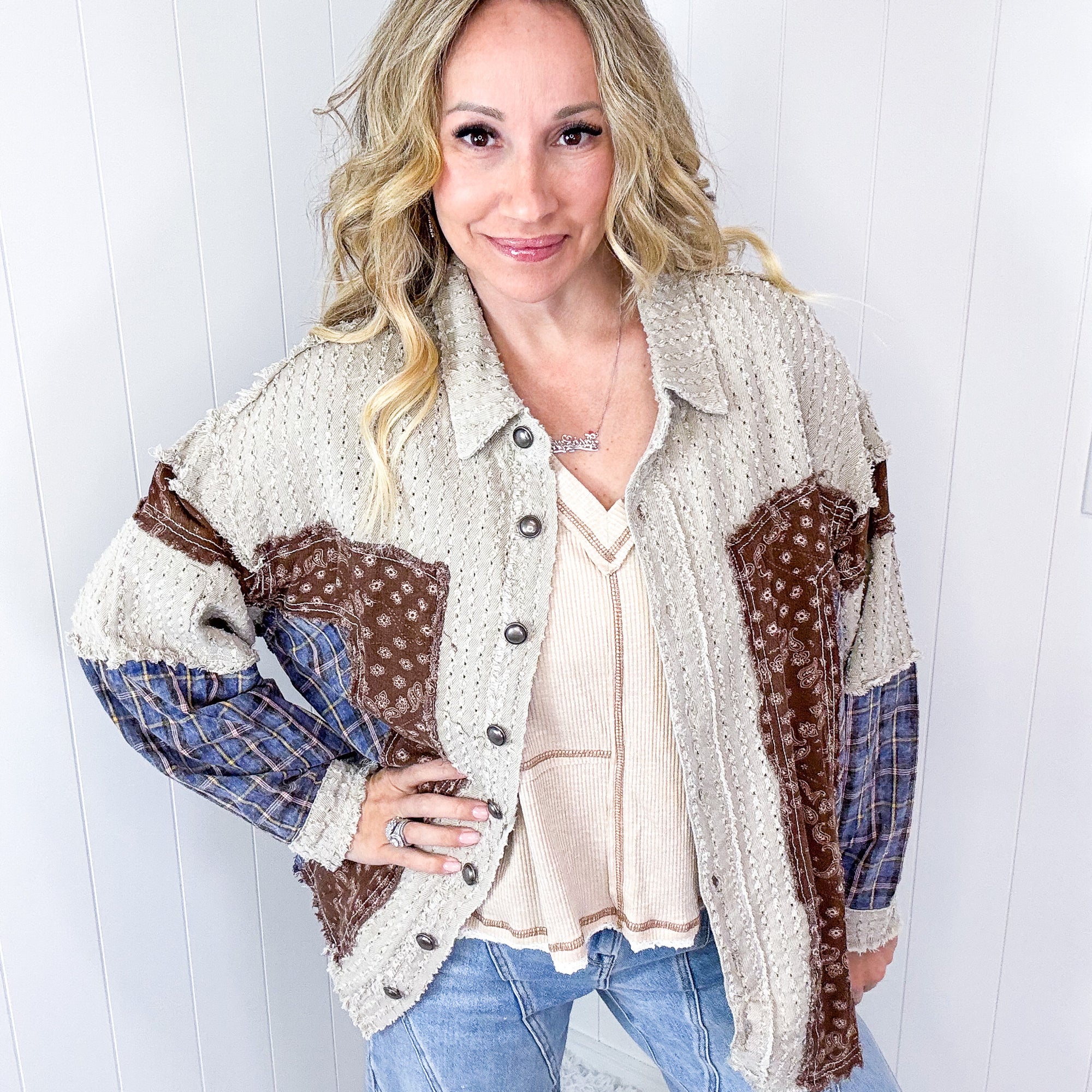 POL Boho Chic Patchwork with Vintage Flair Long Sleeve Jacket - Boujee Boutique 