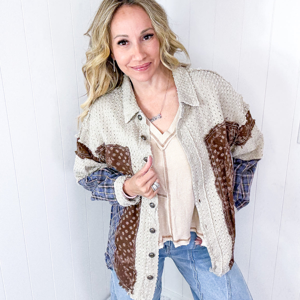 POL Boho Chic Patchwork with Vintage Flair Long Sleeve Jacket - Boujee Boutique 