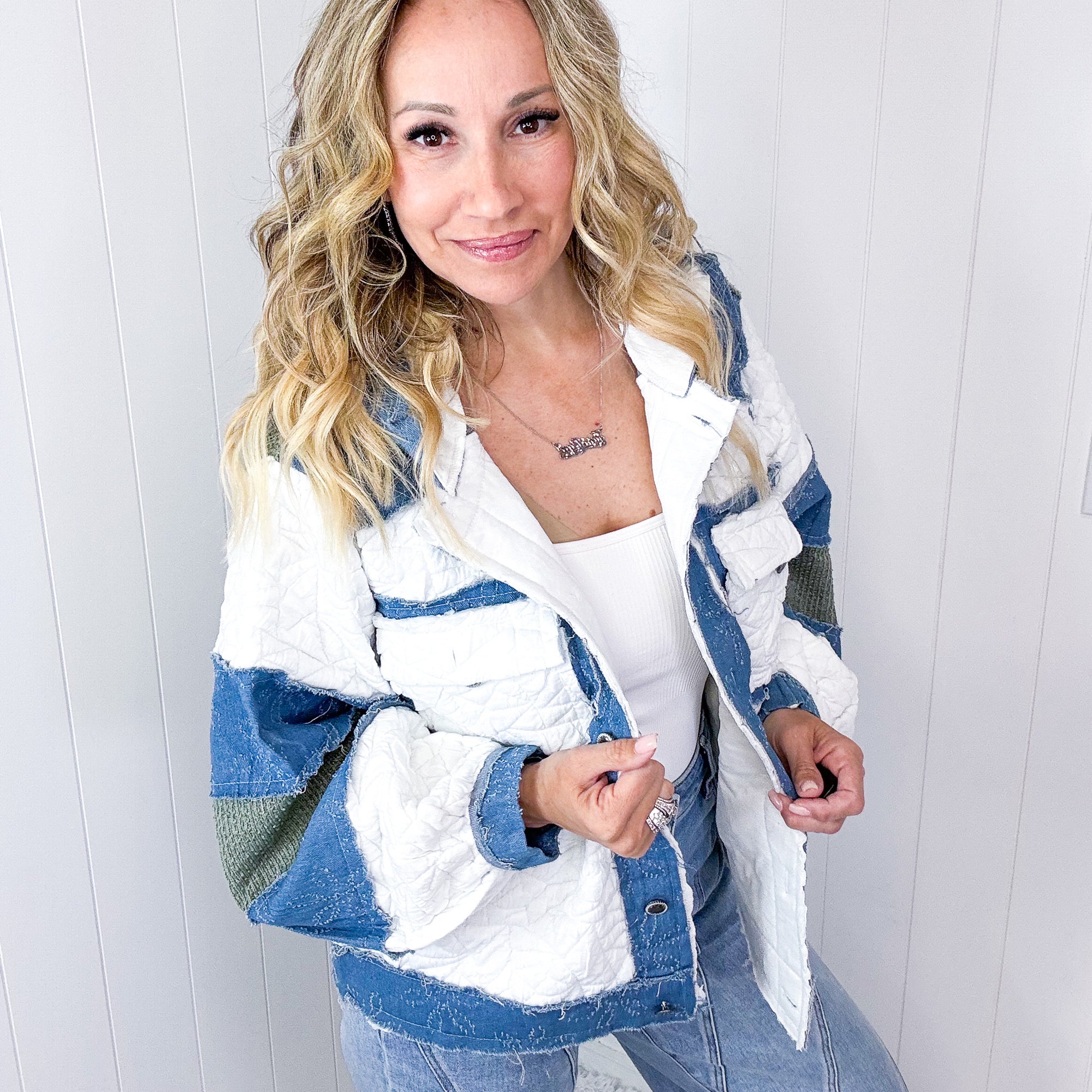 POL Puffy Paradise Quilted Denim Patchwork Long Sleeve Jacket - Boujee Boutique 