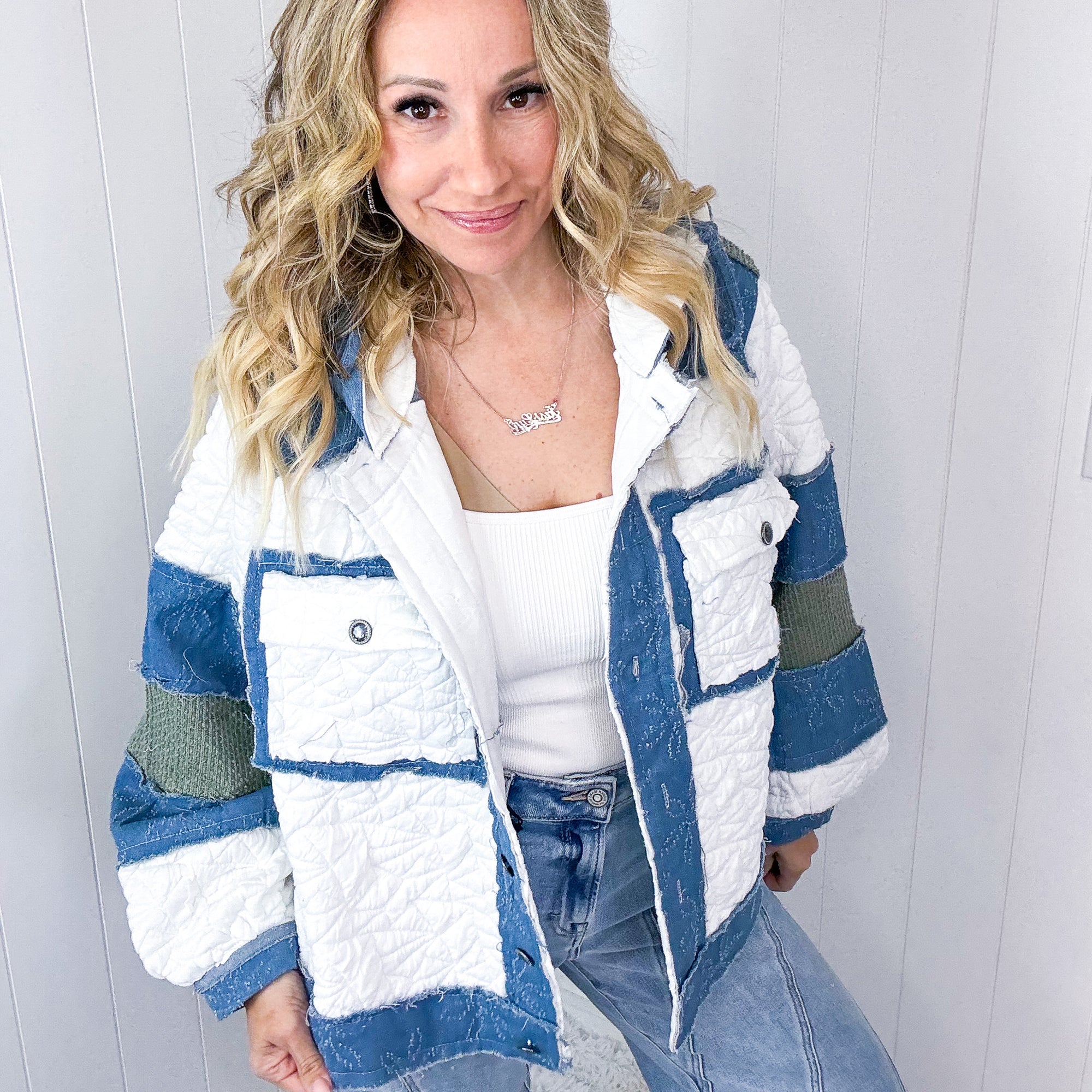 POL Puffy Paradise Quilted Denim Patchwork Long Sleeve Jacket - Boujee Boutique 