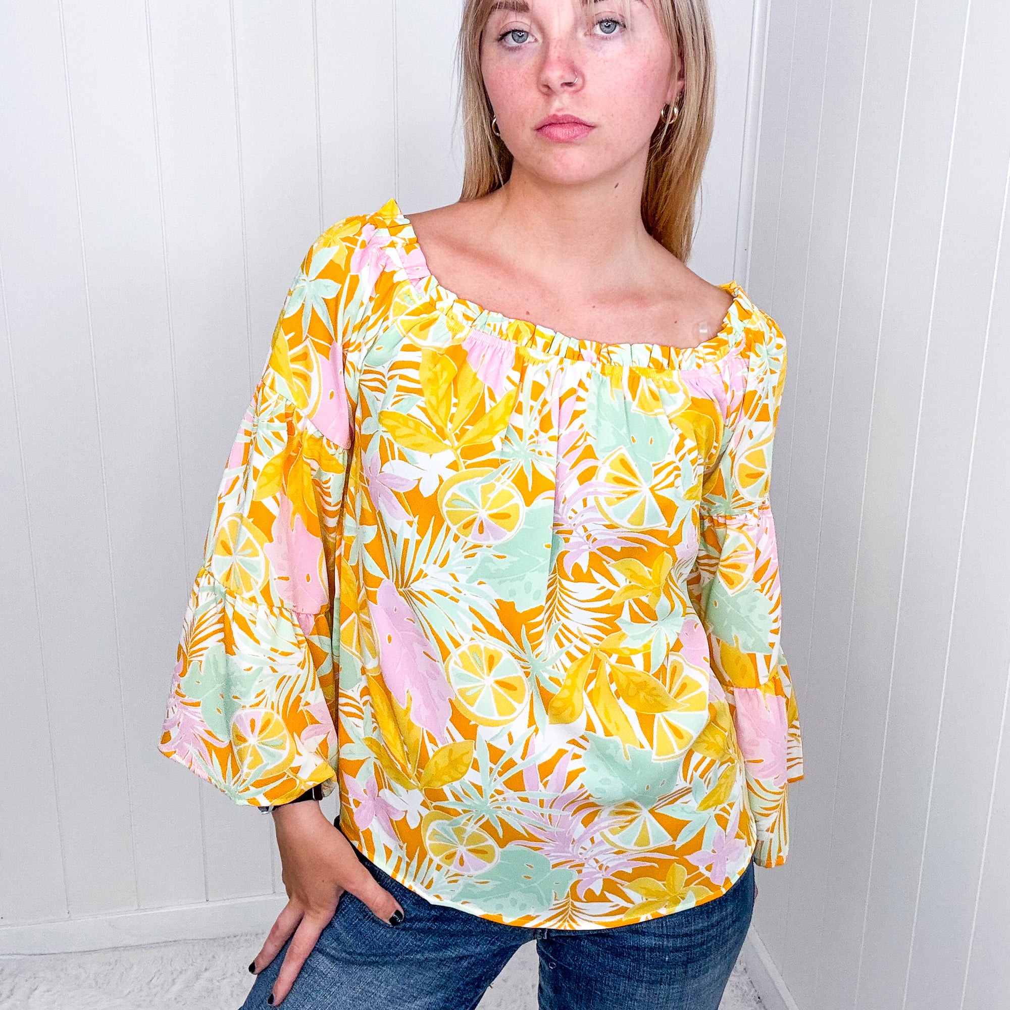 Bright Tropical Floral On or Off the Shoulder Bell Sleeve Blouse - Boujee Boutique 