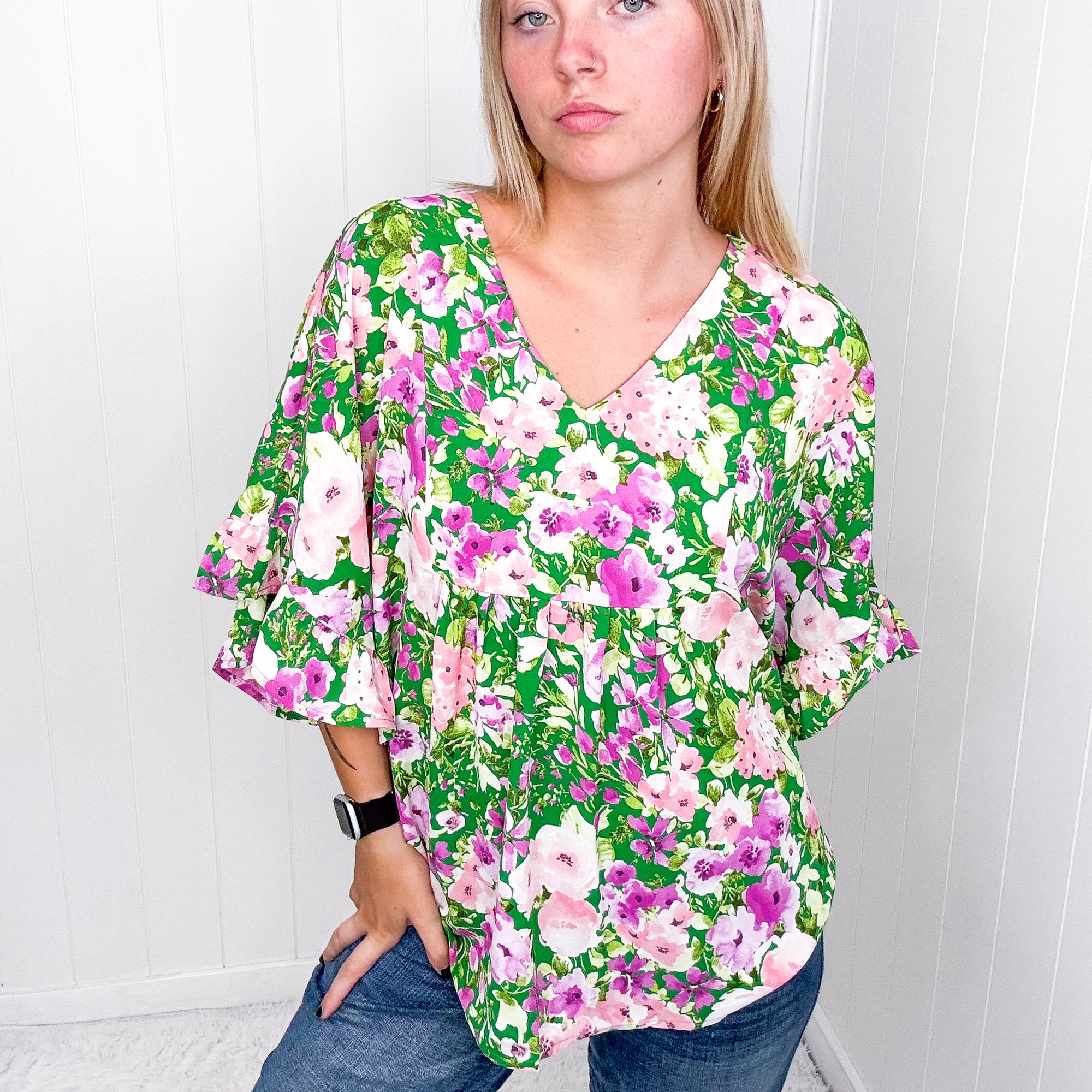 Florence V Neckline Flutter Short Sleeve Blouse - Boujee Boutique 