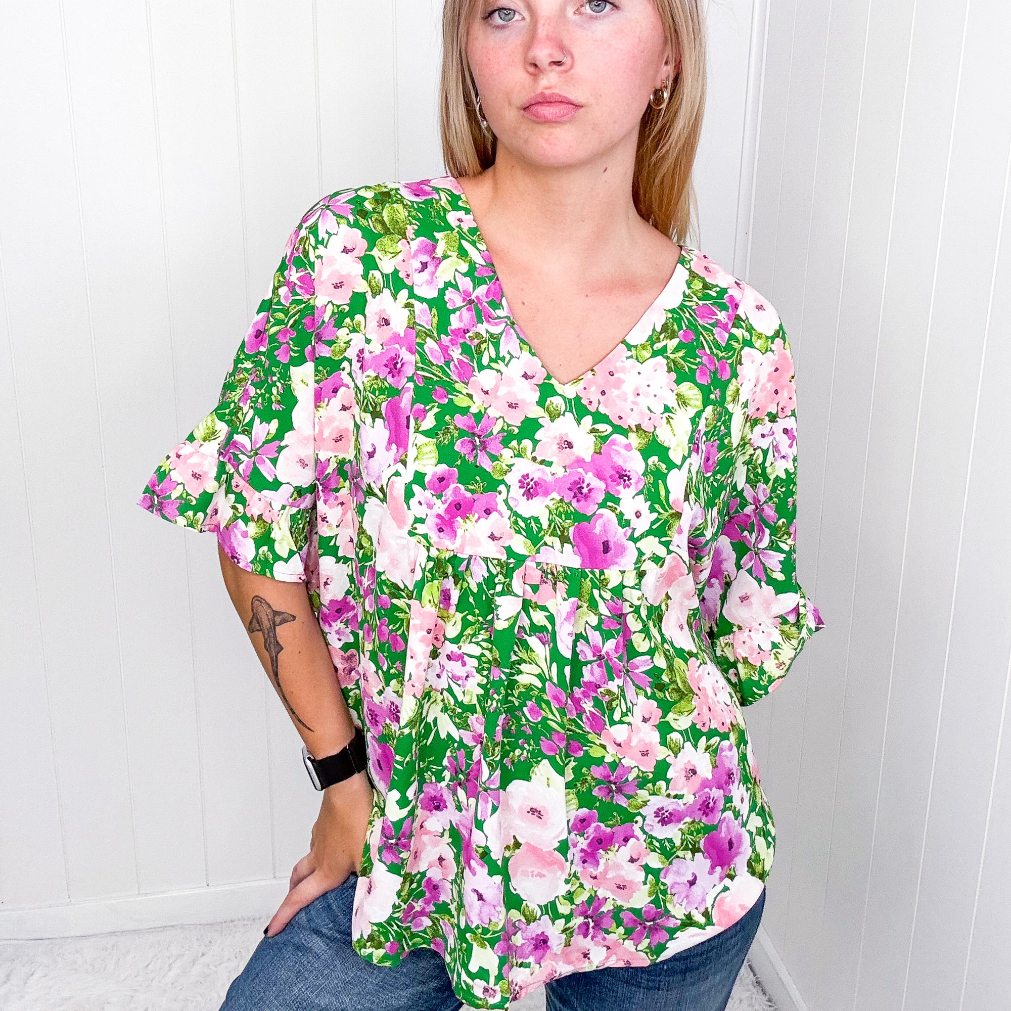 Florence V Neckline Flutter Short Sleeve Blouse - Boujee Boutique 