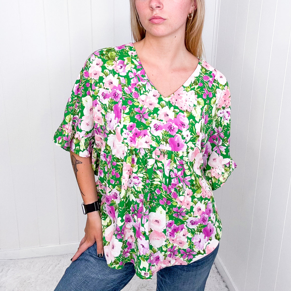 Florence V Neckline Flutter Short Sleeve Blouse - Boujee Boutique 