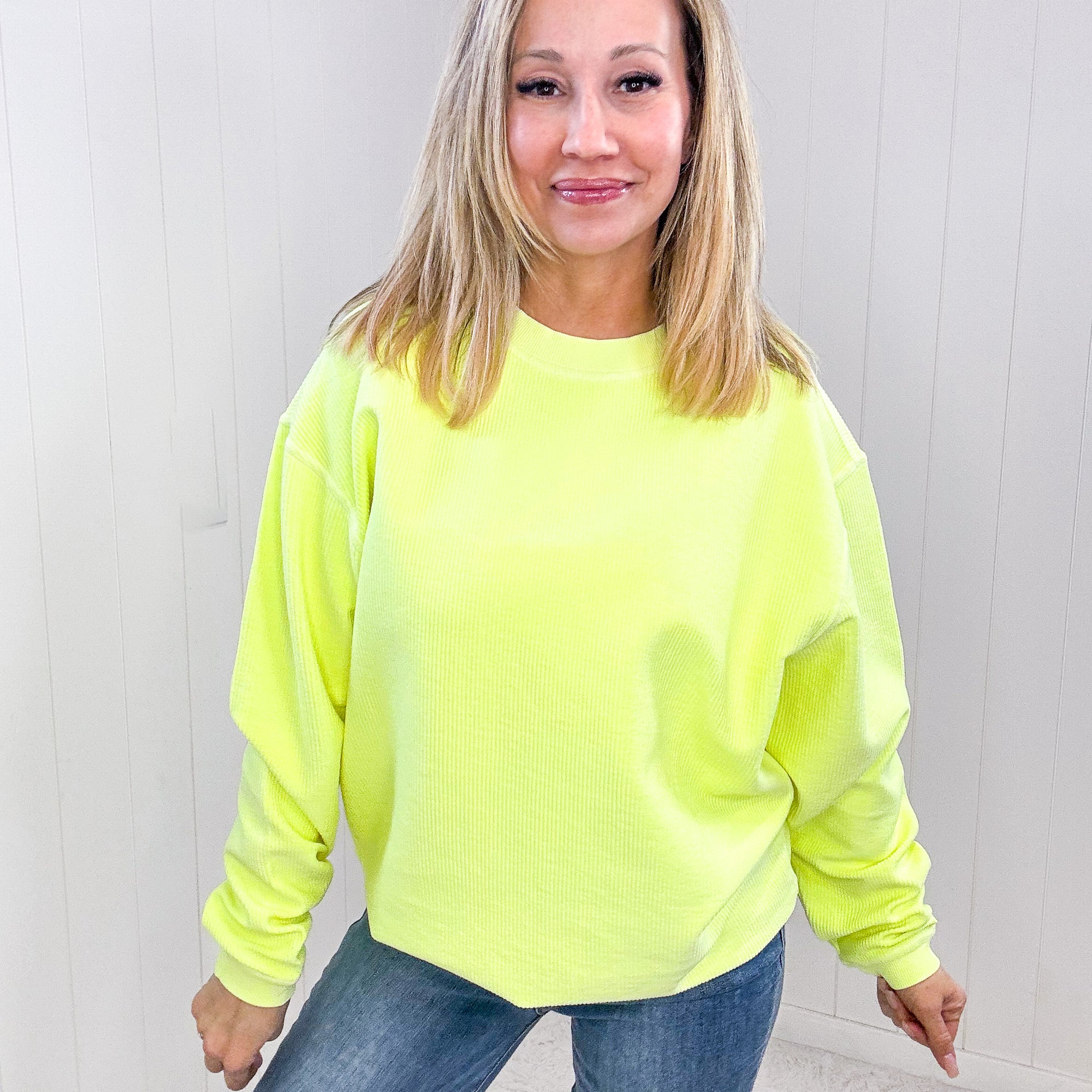 Snow Washed Summer Neon Oversized Luxe Soft Corded Crewneck Pullover Top in 5 Colors - Boujee Boutique 