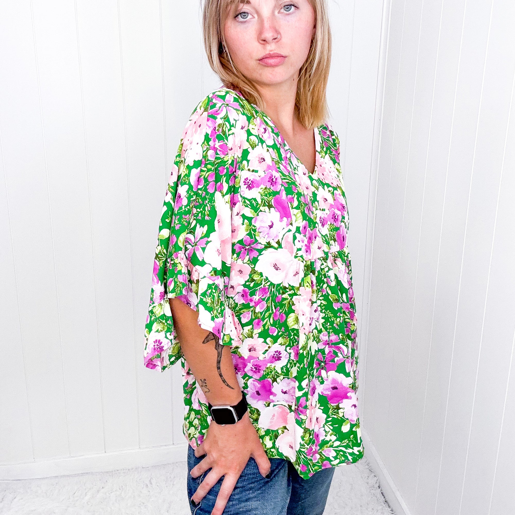 Florence V Neckline Flutter Short Sleeve Blouse - Boujee Boutique 