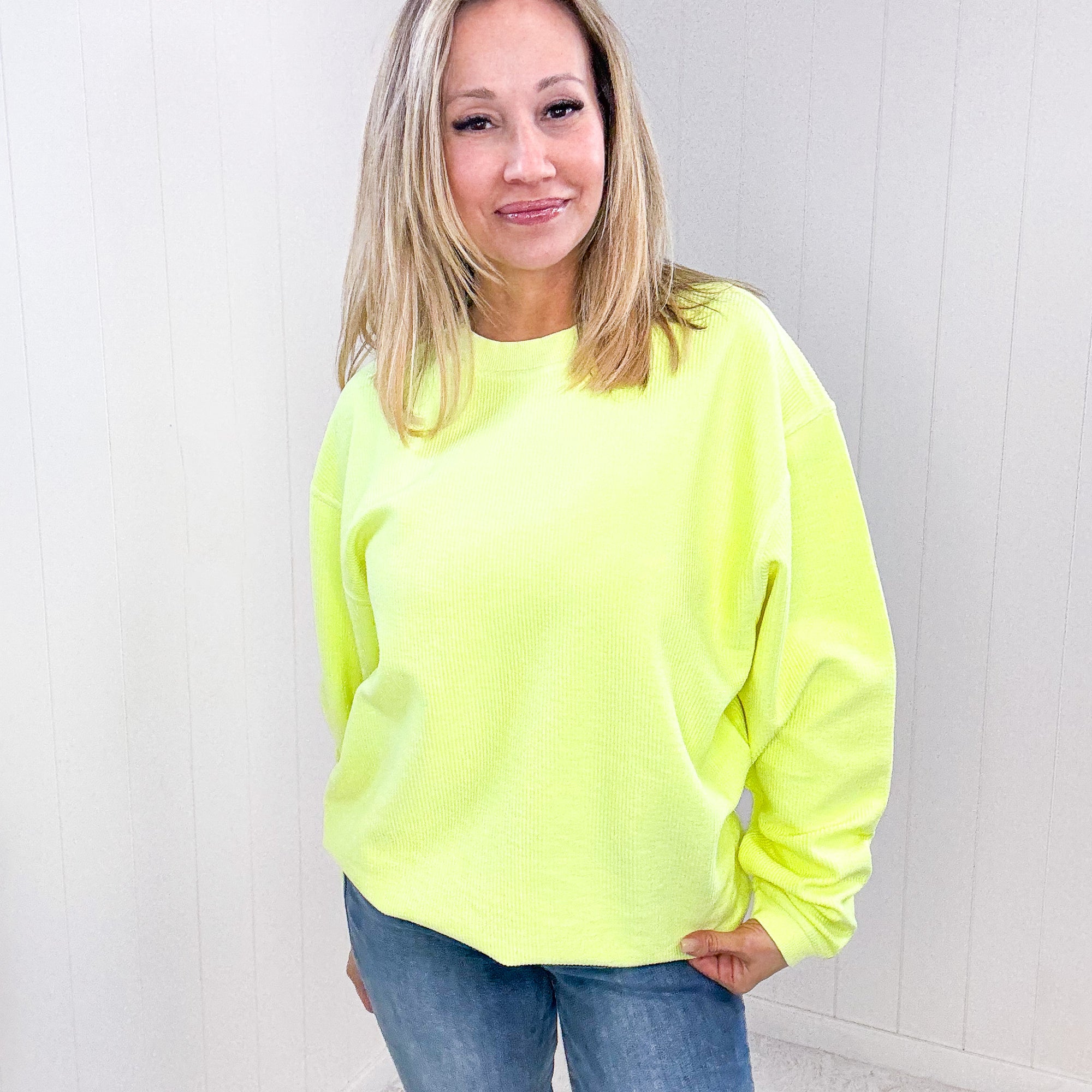 Snow Washed Summer Neon Oversized Luxe Soft Corded Crewneck Pullover Top in 5 Colors - Boujee Boutique 