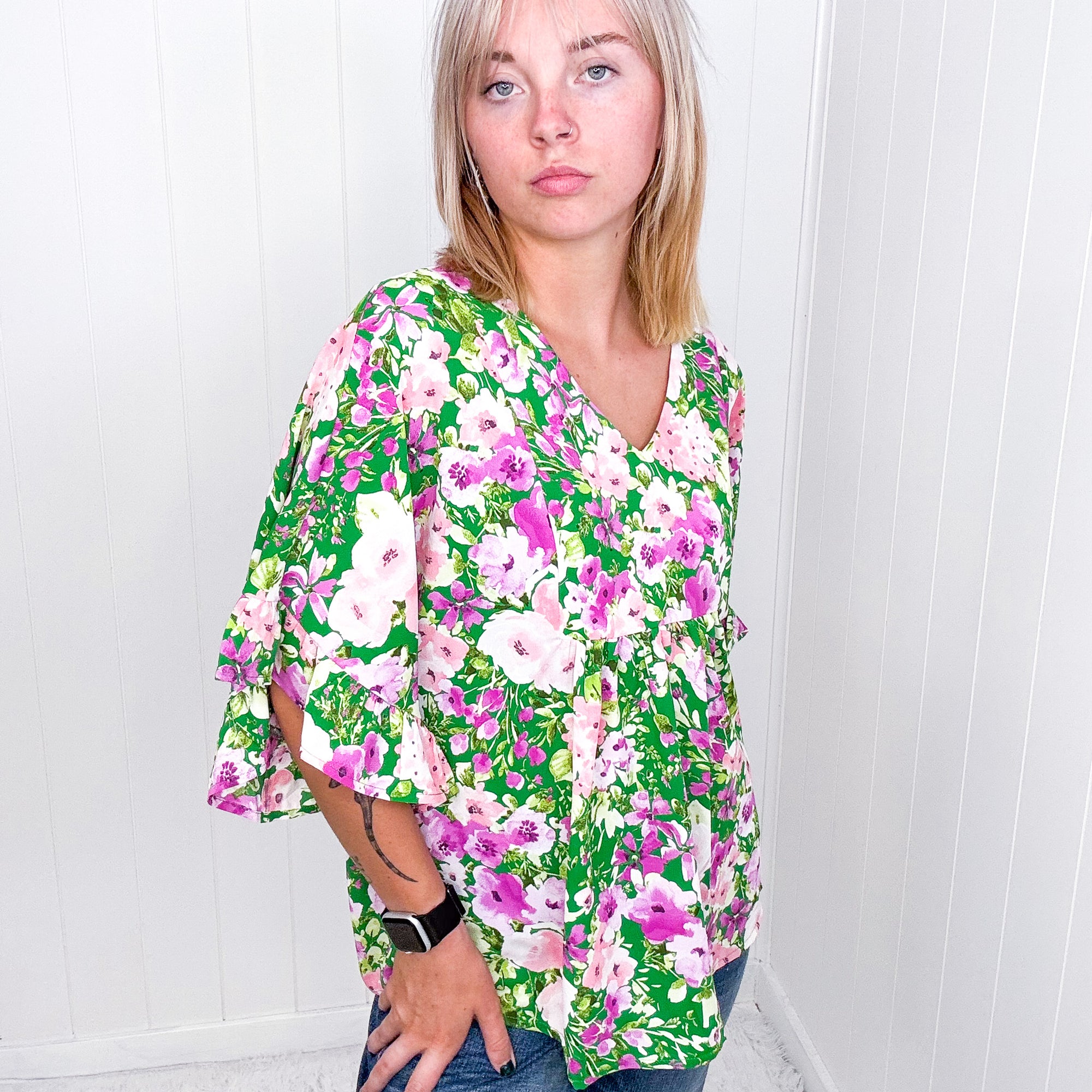 Florence V Neckline Flutter Short Sleeve Blouse - Boujee Boutique 