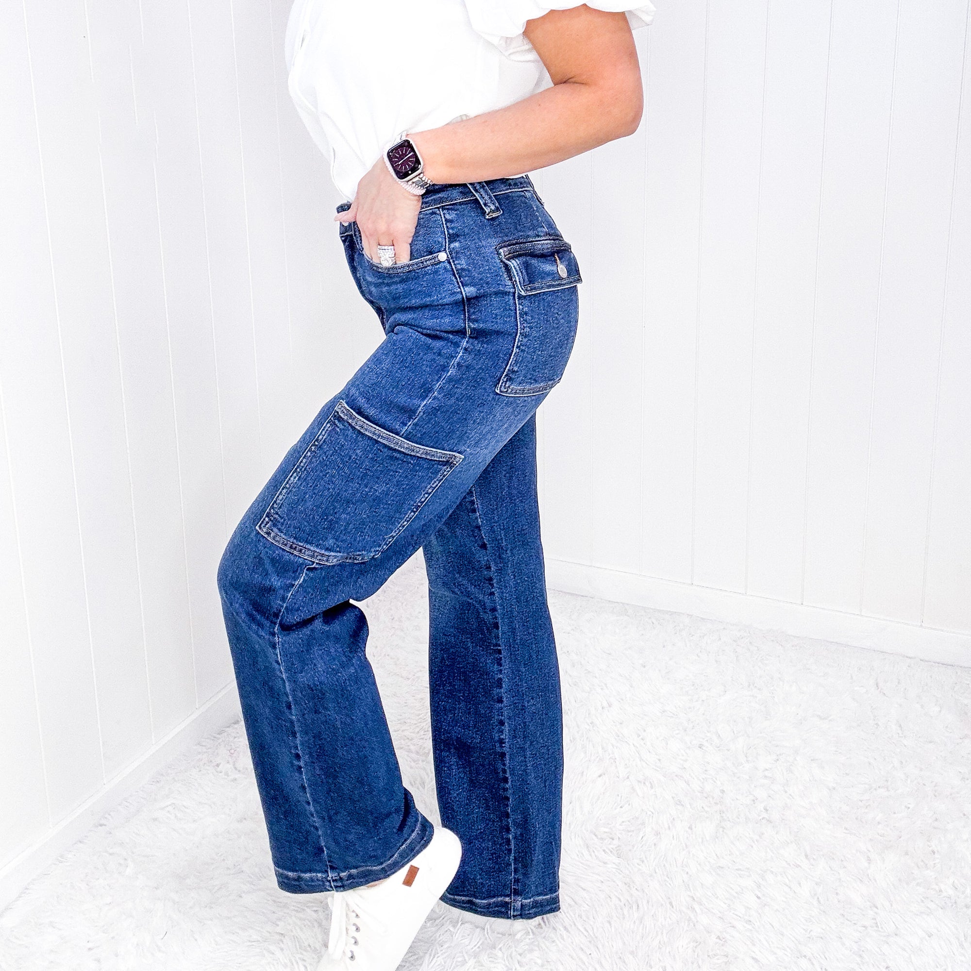 Judy Blue Jetsetter High Waist Dark Cargo Wide Leg Jeans - Boujee Boutique 