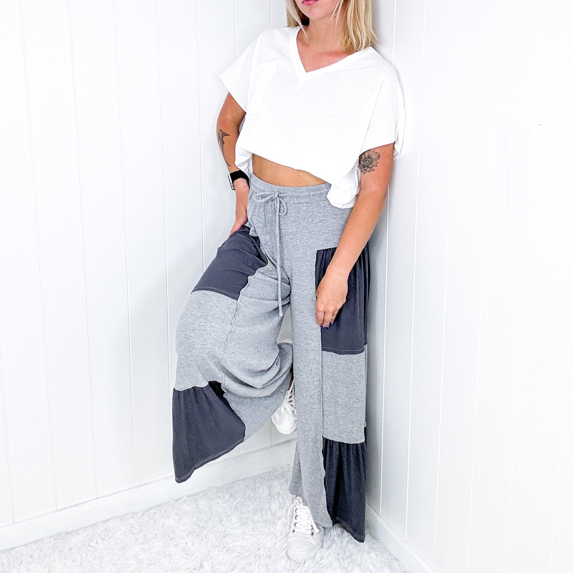 Pol Free Spirit Flow Cropped Layered Raw Hem Ribbed Palazzo Pants in 2 Colors - Boujee Boutique 