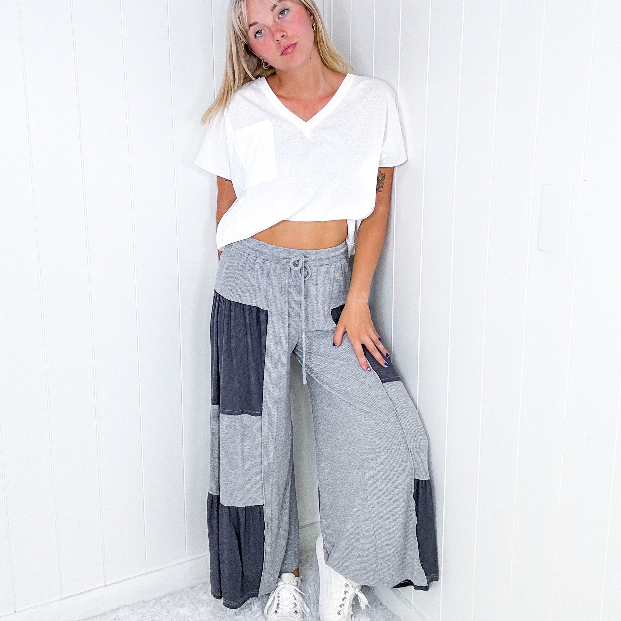 Pol Free Spirit Flow Cropped Layered Raw Hem Ribbed Palazzo Pants in 2 Colors - Boujee Boutique 