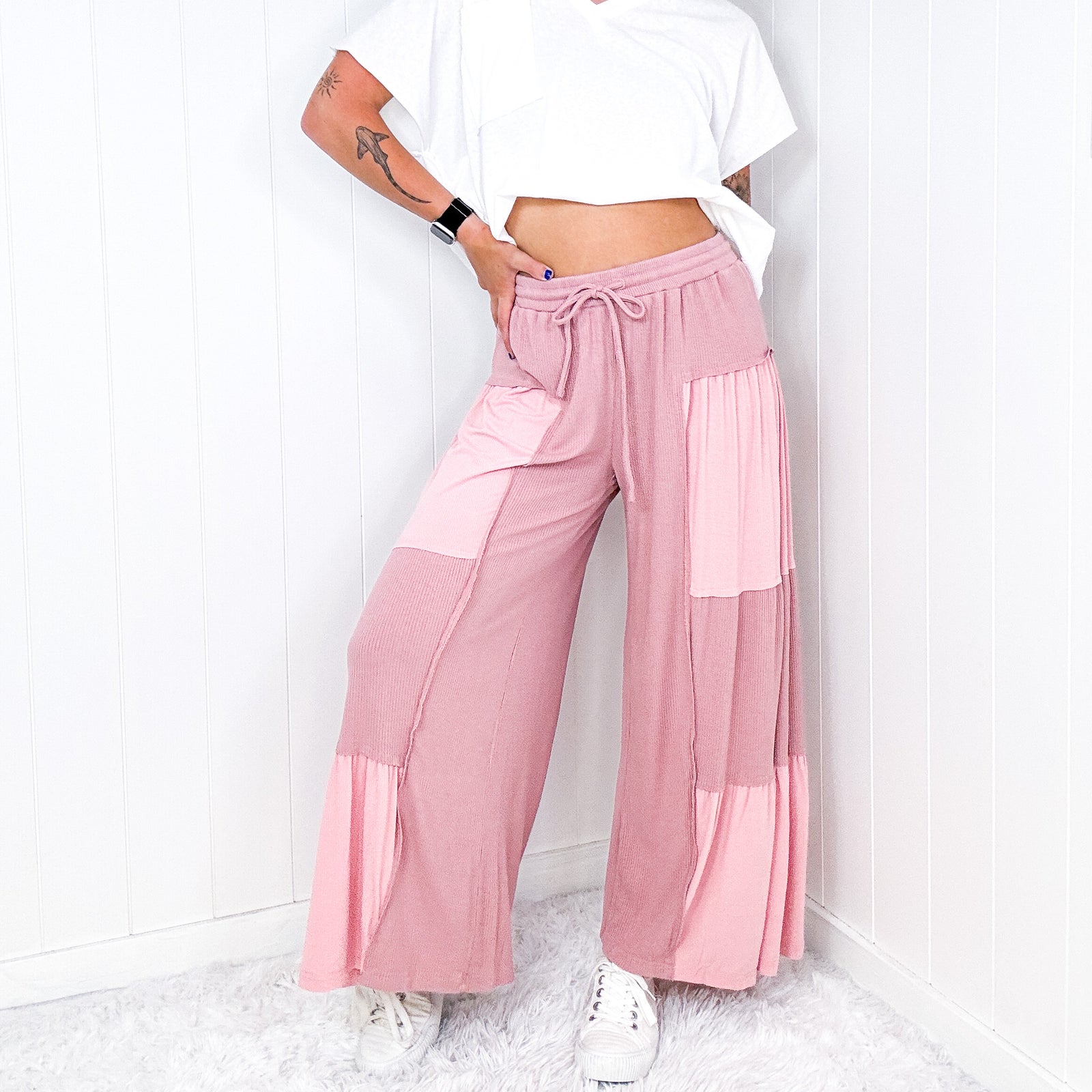 Pol Free Spirit Flow Cropped Layered Raw Hem Ribbed Palazzo Pants in 2 Colors - Boujee Boutique 