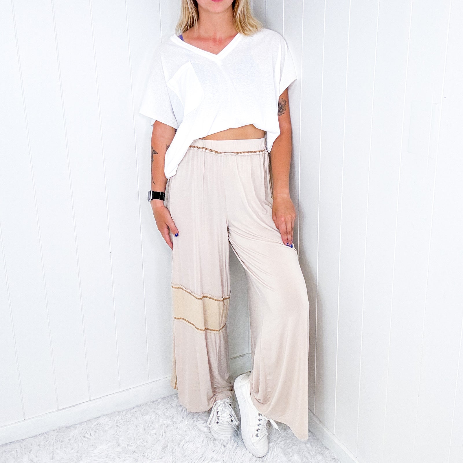 Pol Cityscape Flow Cropped Jersey Knit and Ribbed Mix Palazzo pants in 2 Colors - Boujee Boutique 