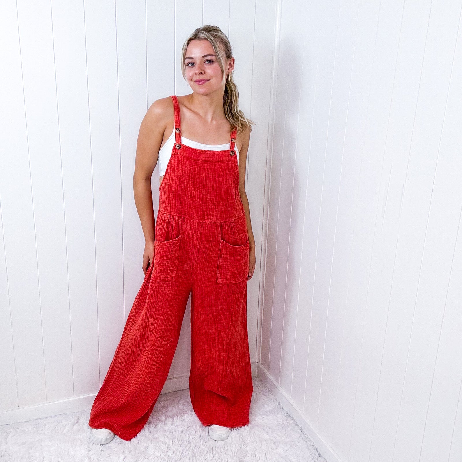 Dark Orange Crinkle Gauze Woven Jumpsuit - Boujee Boutique 