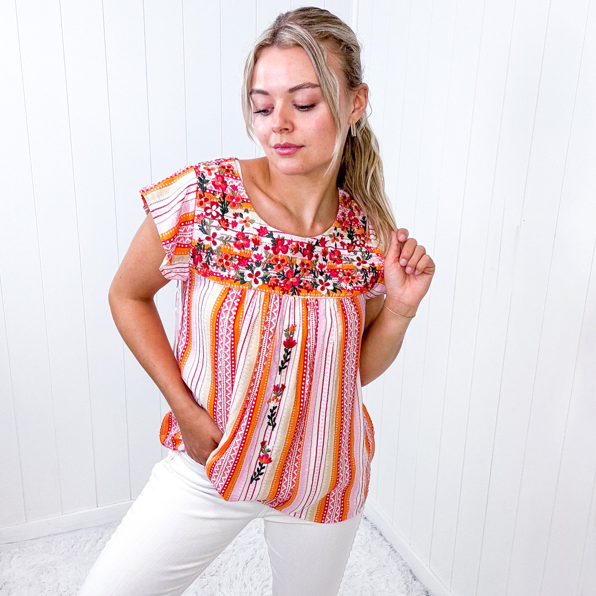 Savanna Jane Orange Blossoms Embroidered Flutter Sleeve Blouse - Boujee Boutique 