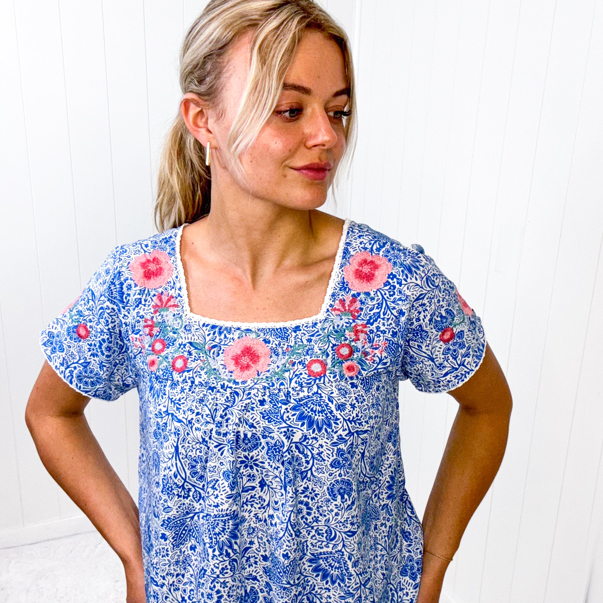 Savanna Jane Royal Blue Embroidered Floral Short Sleeve Blouse - Boujee Boutique 