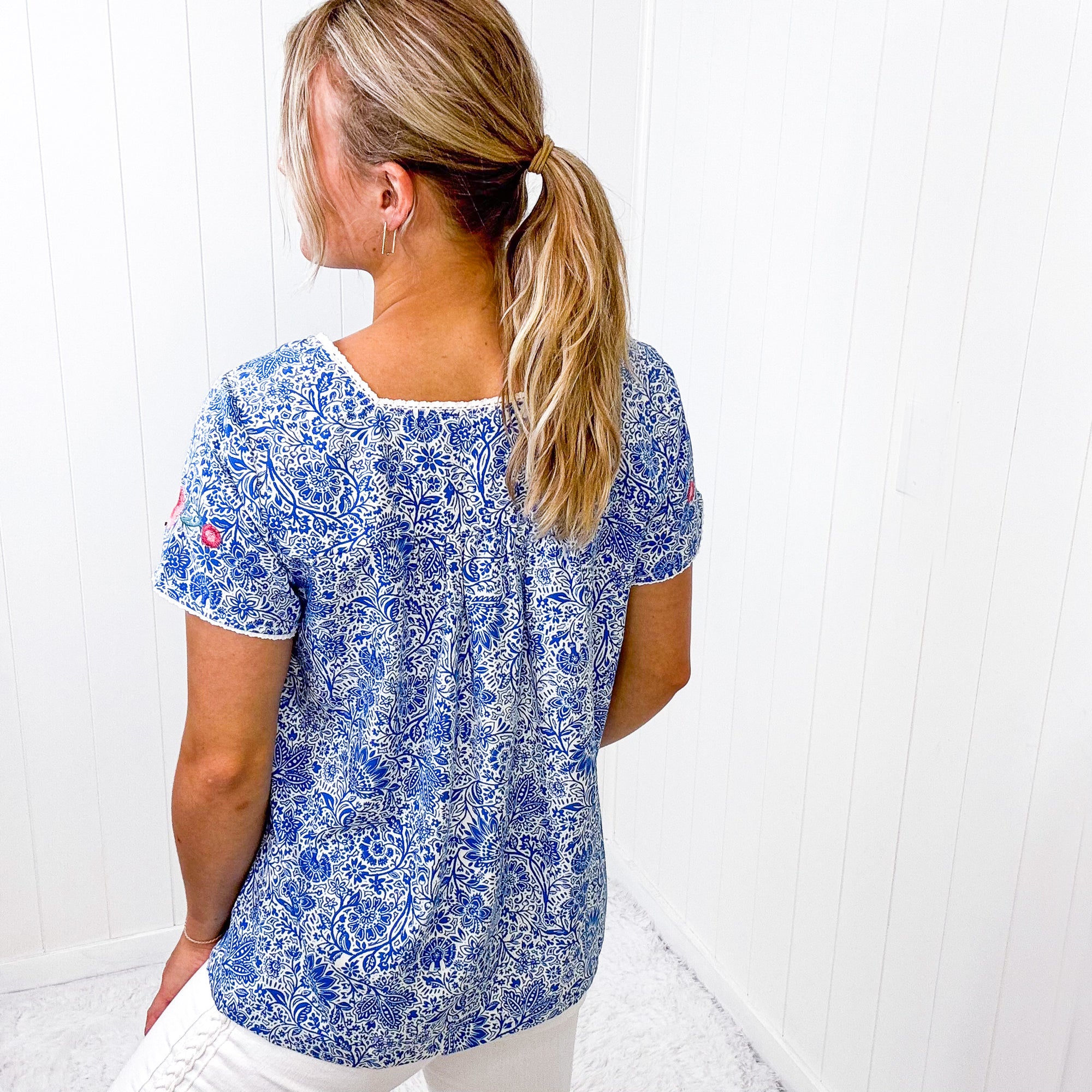 Savanna Jane Royal Blue Embroidered Floral Short Sleeve Blouse - Boujee Boutique 