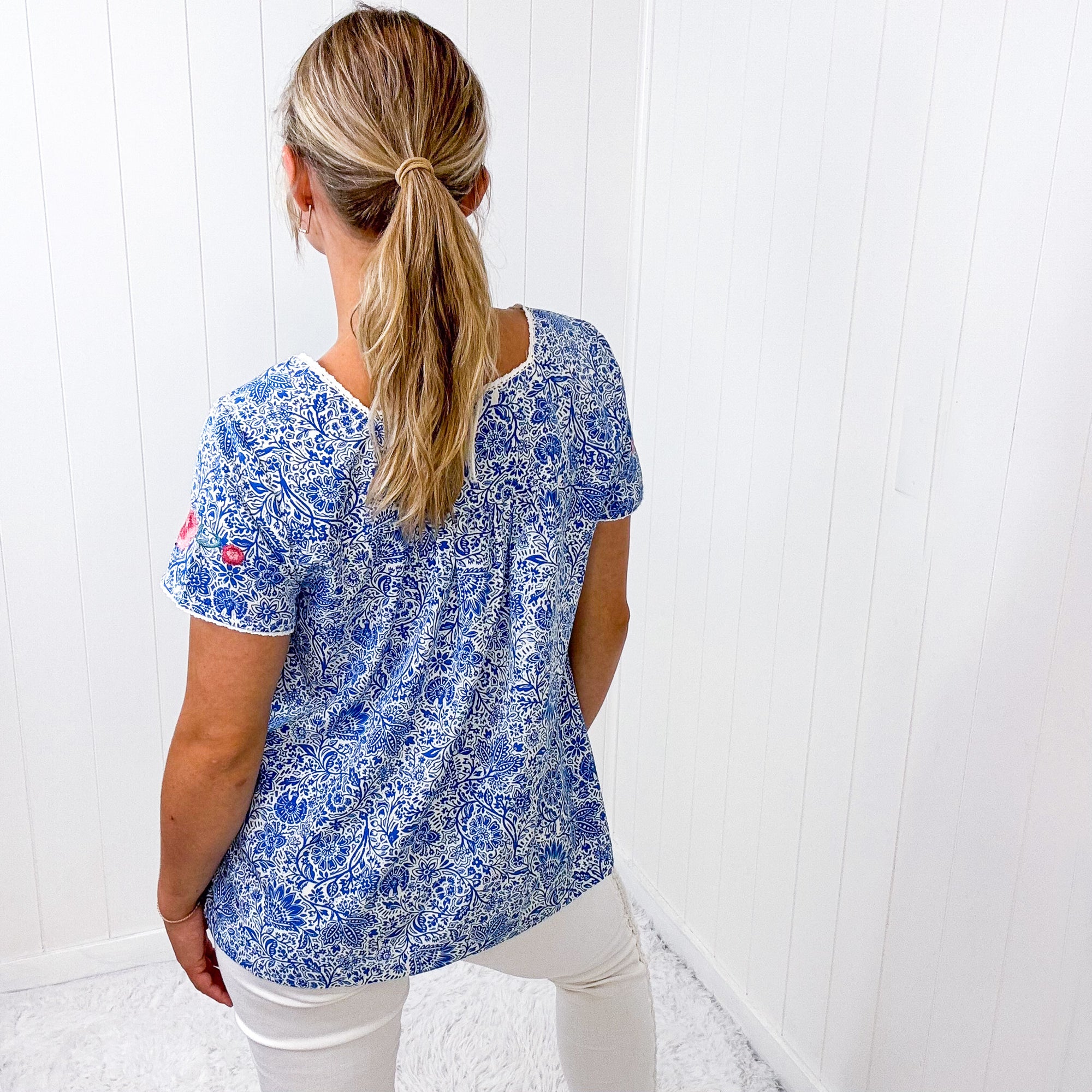 Savanna Jane Royal Blue Embroidered Floral Short Sleeve Blouse - Boujee Boutique 