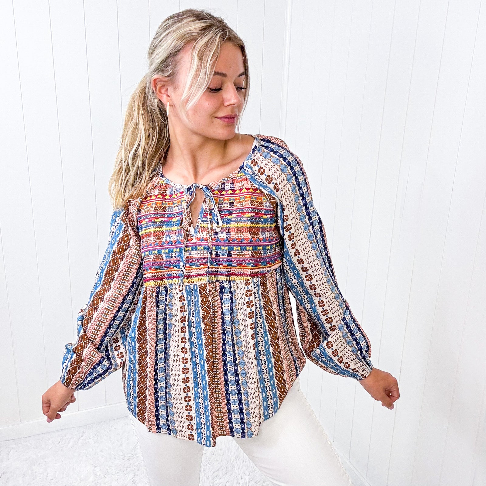 Savanna Jane Open Sky Boho Tunic with Embroidery in Navy Mauve - Boujee Boutique 