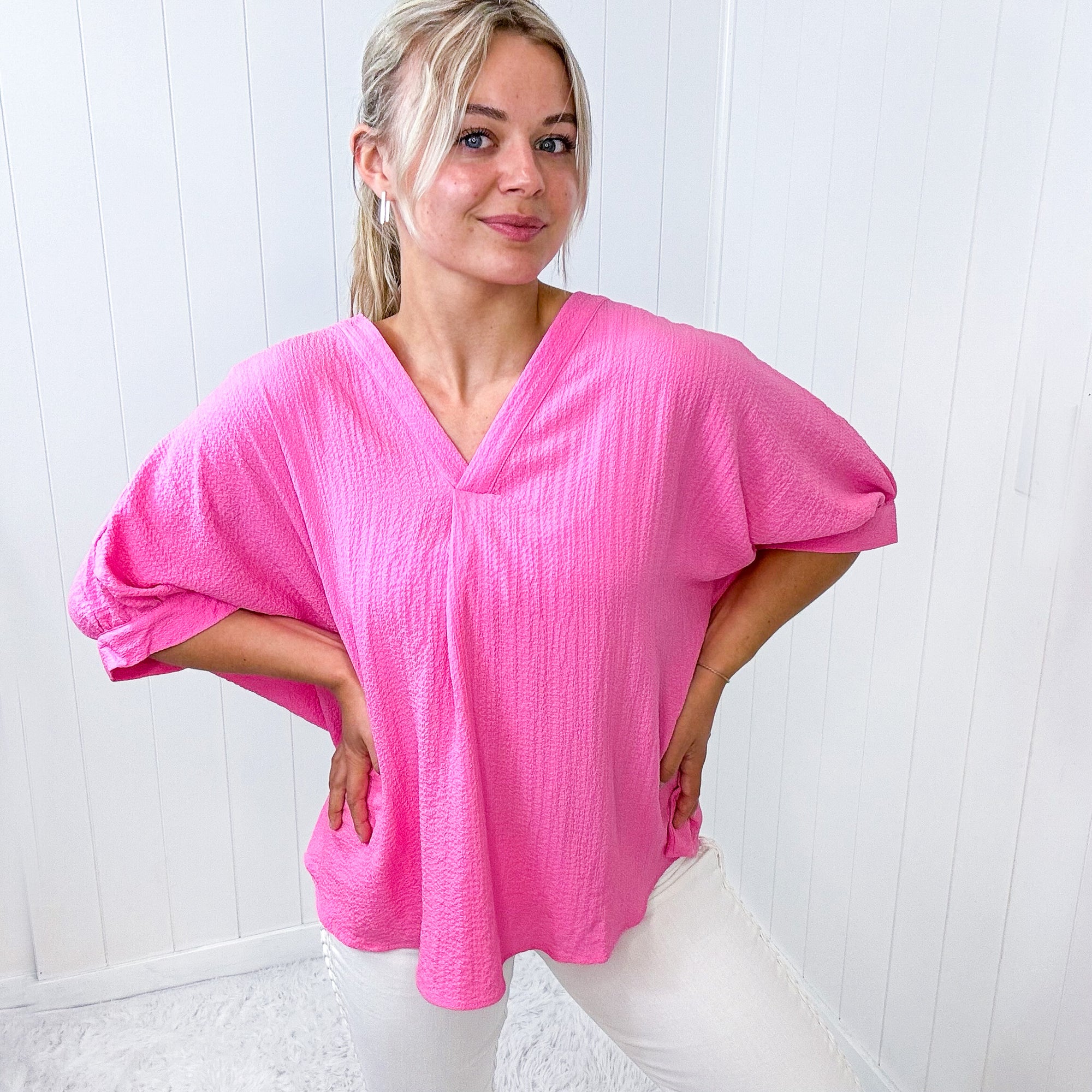 Andree By Unit Pink V Neckline Short Sleeve Blouse - Boujee Boutique 