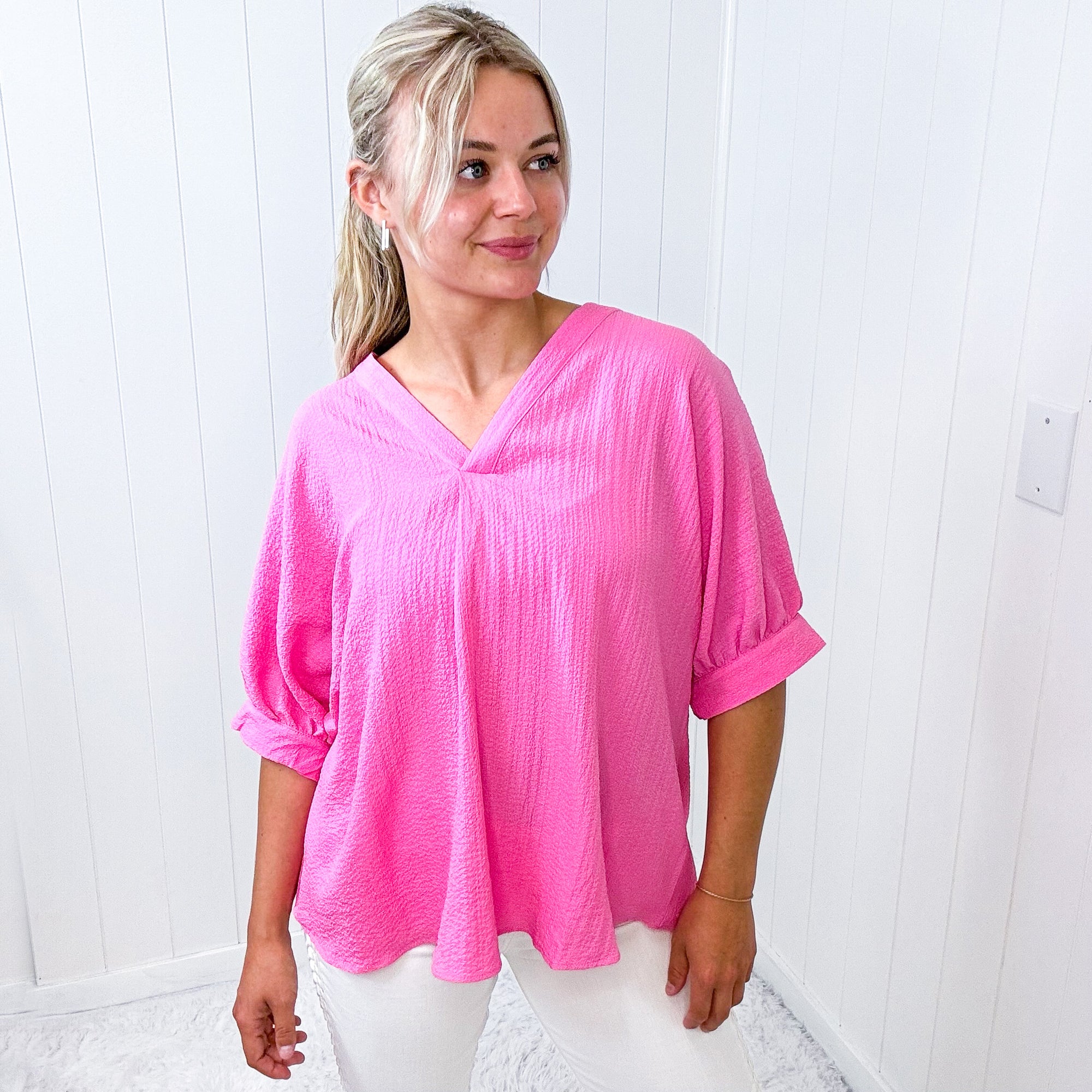 Andree By Unit Pink V Neckline Short Sleeve Blouse - Boujee Boutique 