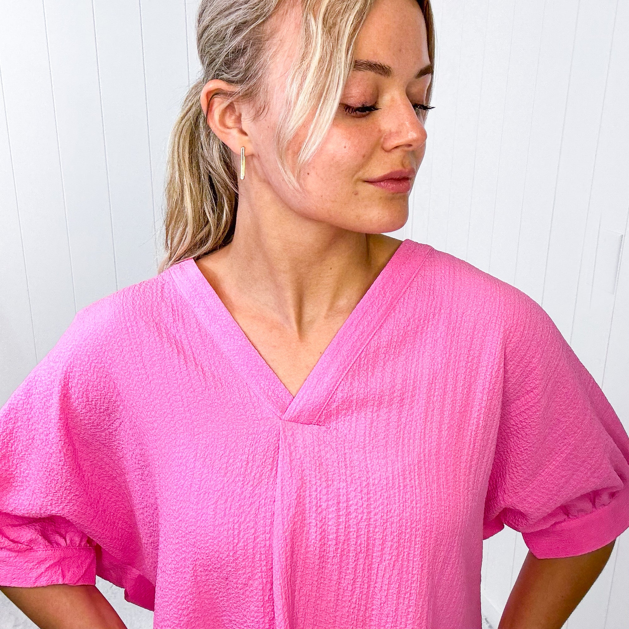 Andree By Unit Pink V Neckline Short Sleeve Blouse - Boujee Boutique 