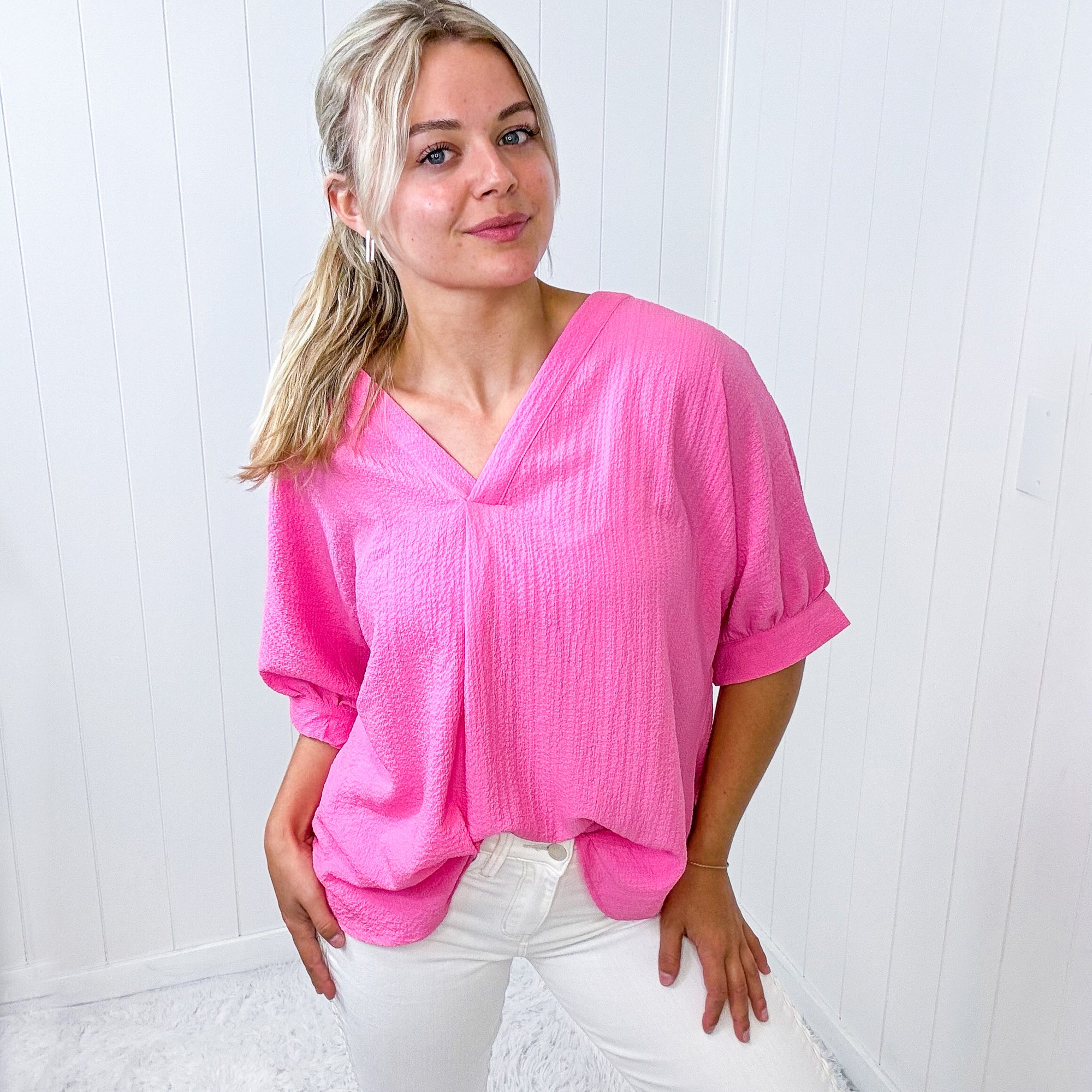 Andree By Unit Pink V Neckline Short Sleeve Blouse - Boujee Boutique 