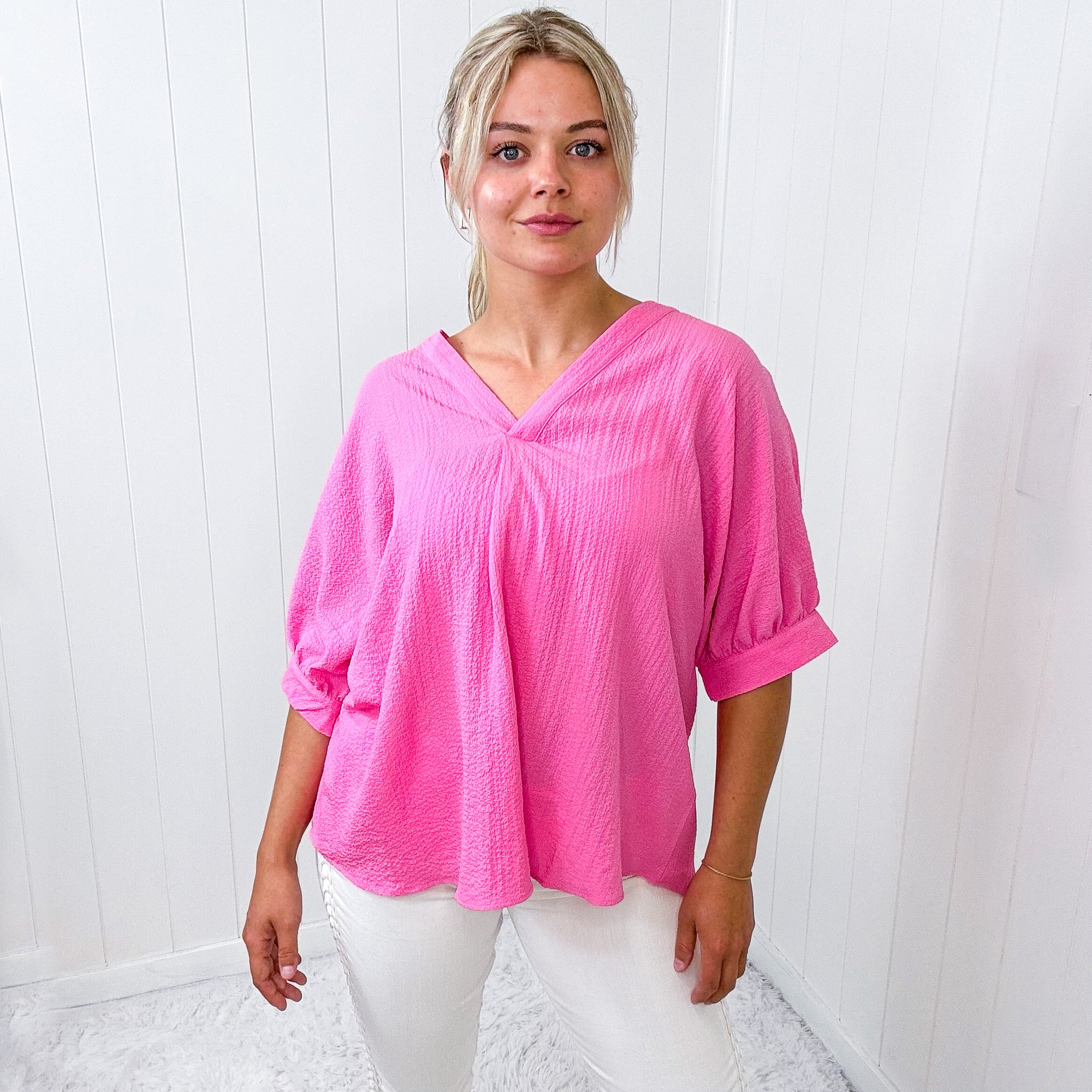 Andree By Unit Pink V Neckline Short Sleeve Blouse - Boujee Boutique 