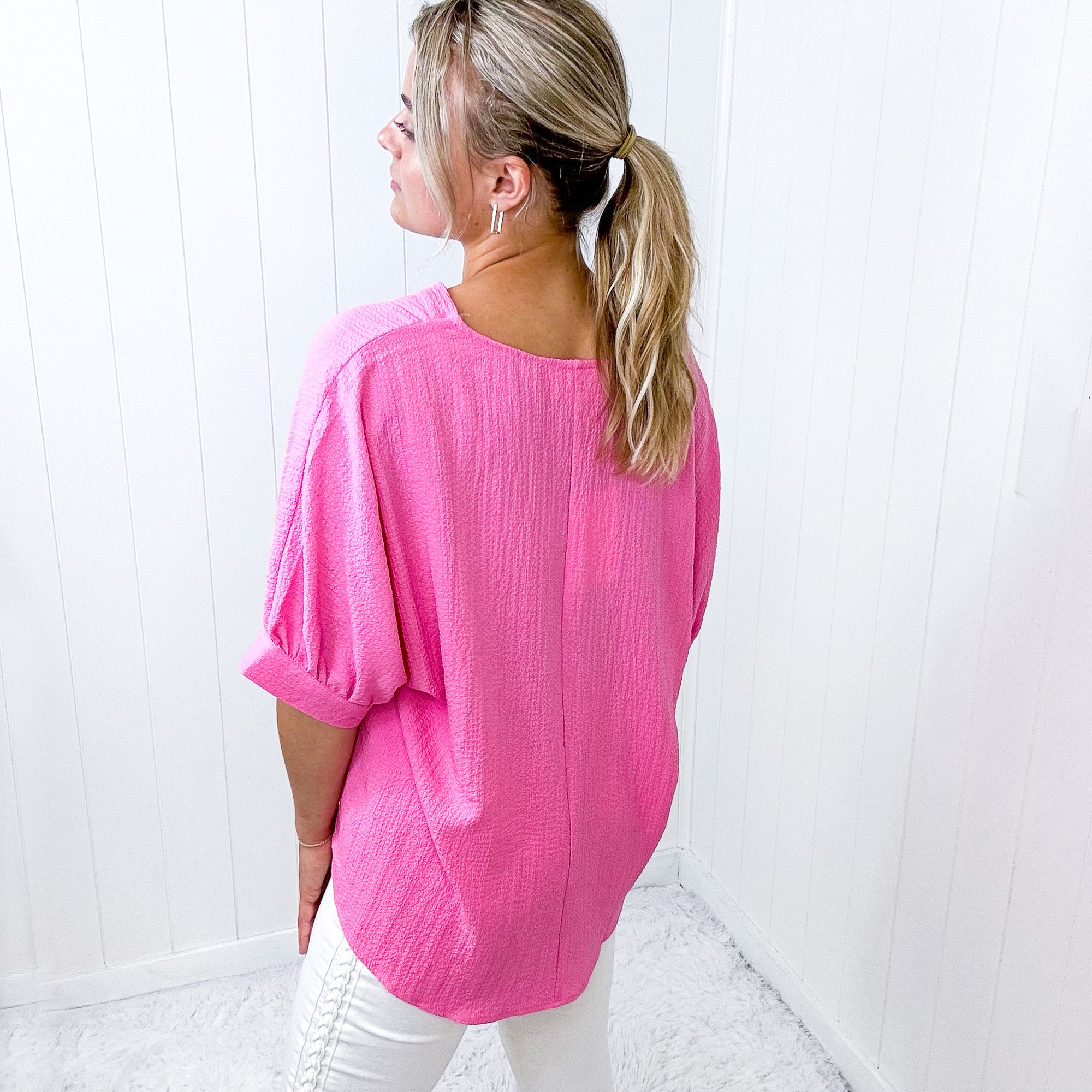 Andree By Unit Pink V Neckline Short Sleeve Blouse - Boujee Boutique 