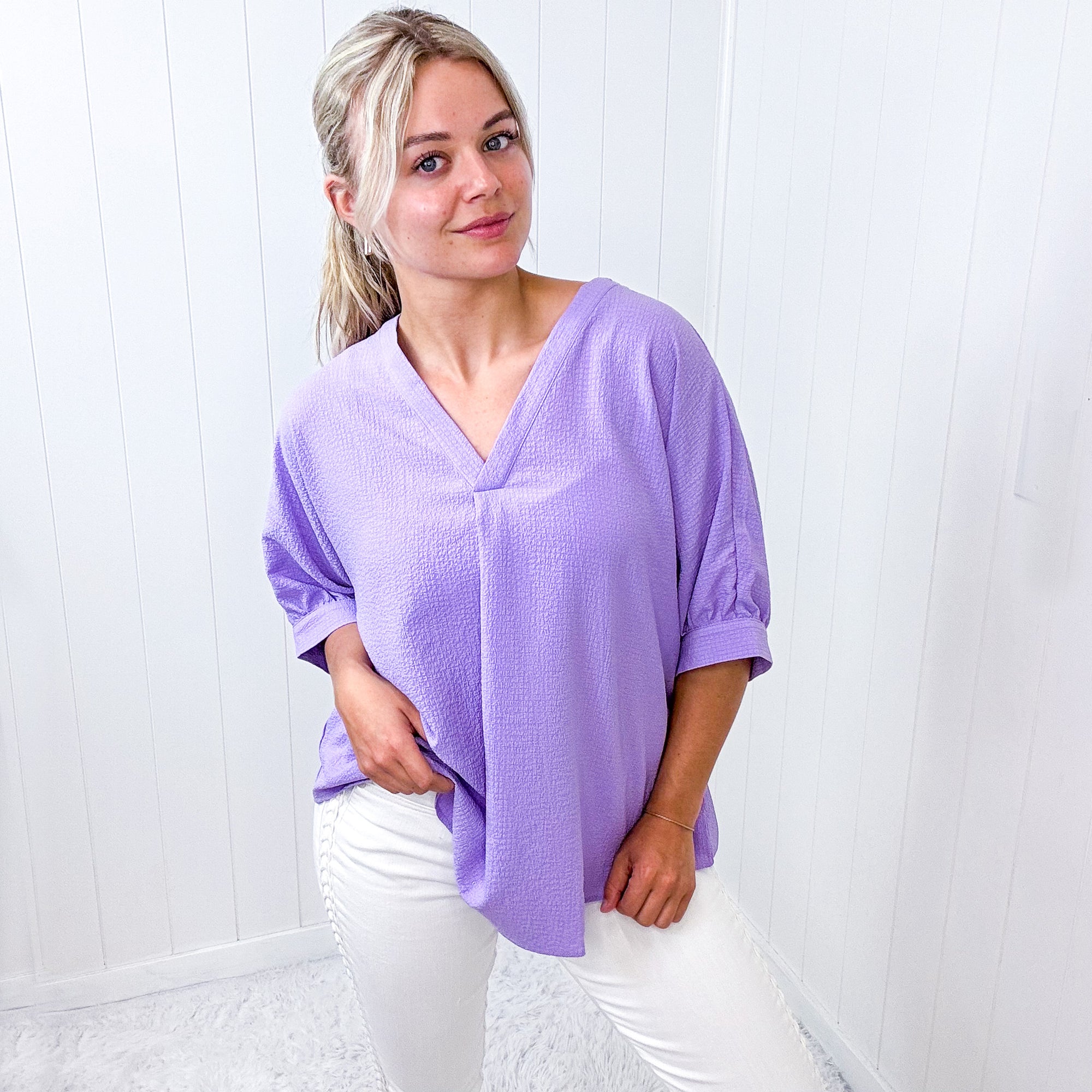 Andree By Unit Lavender V NeckLine Short Sleeve Blouse - Boujee Boutique 