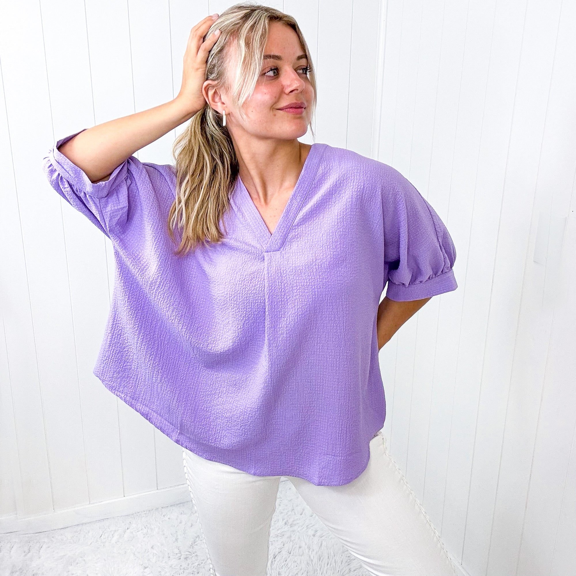 Andree By Unit Lavender V NeckLine Short Sleeve Blouse - Boujee Boutique 