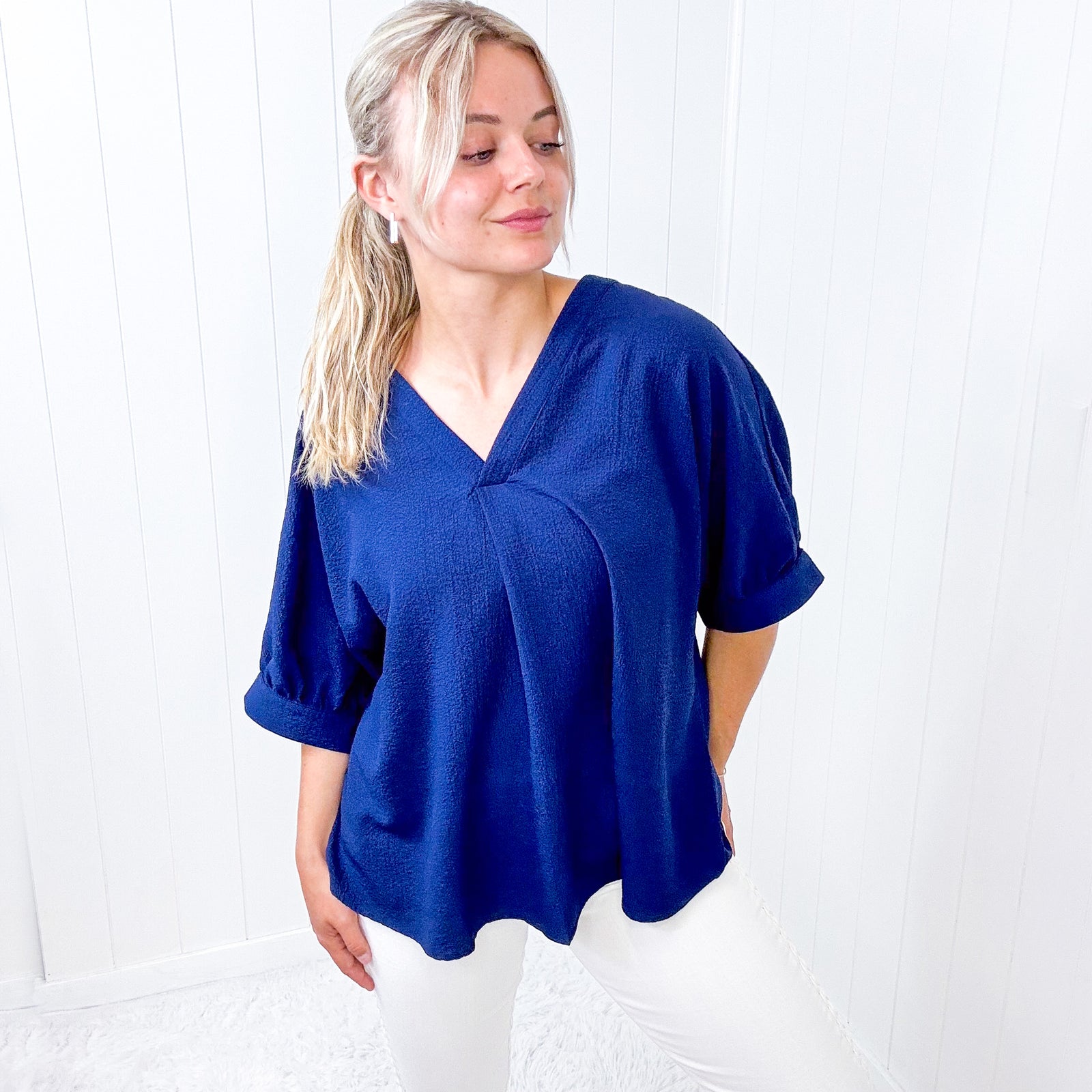 Andree By Unit Navy V Neckline Short Sleeve Blouse - Boujee Boutique 