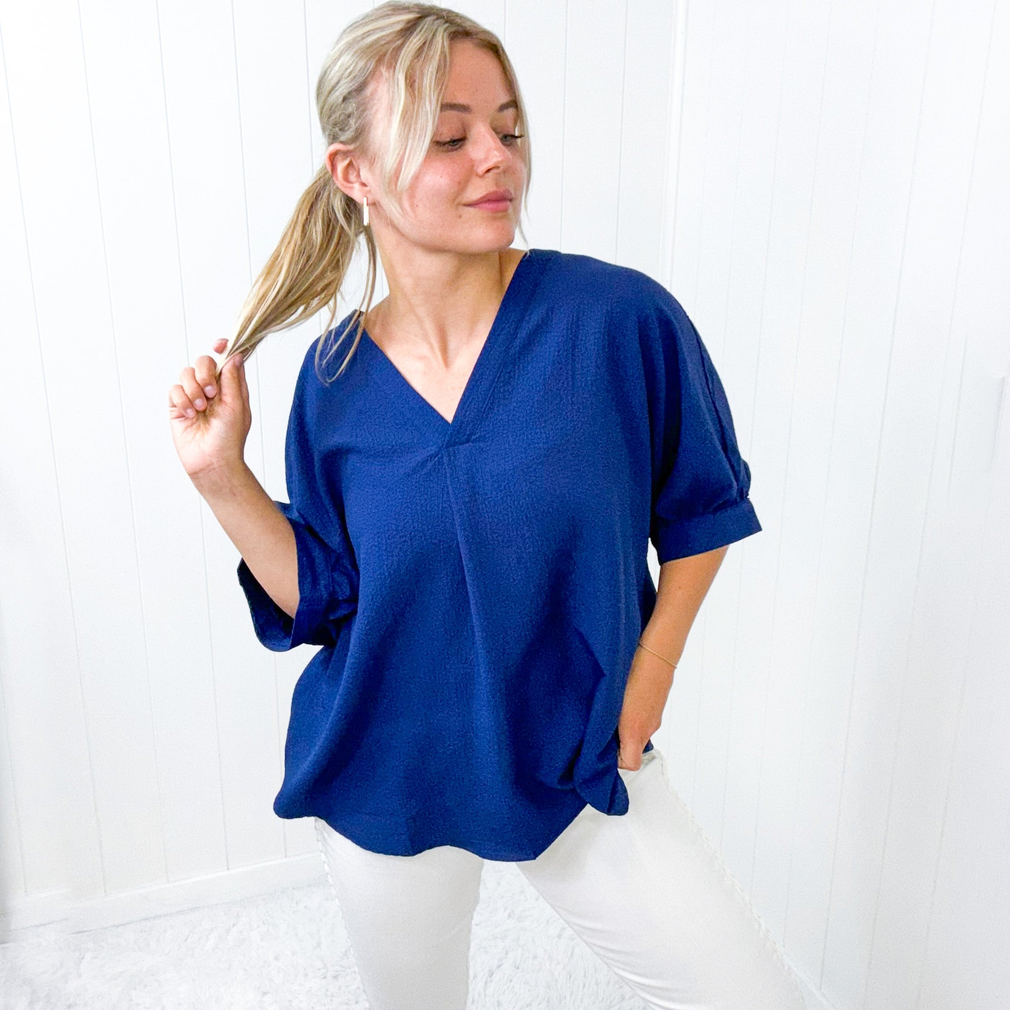 Andree By Unit Navy V Neckline Short Sleeve Blouse - Boujee Boutique 