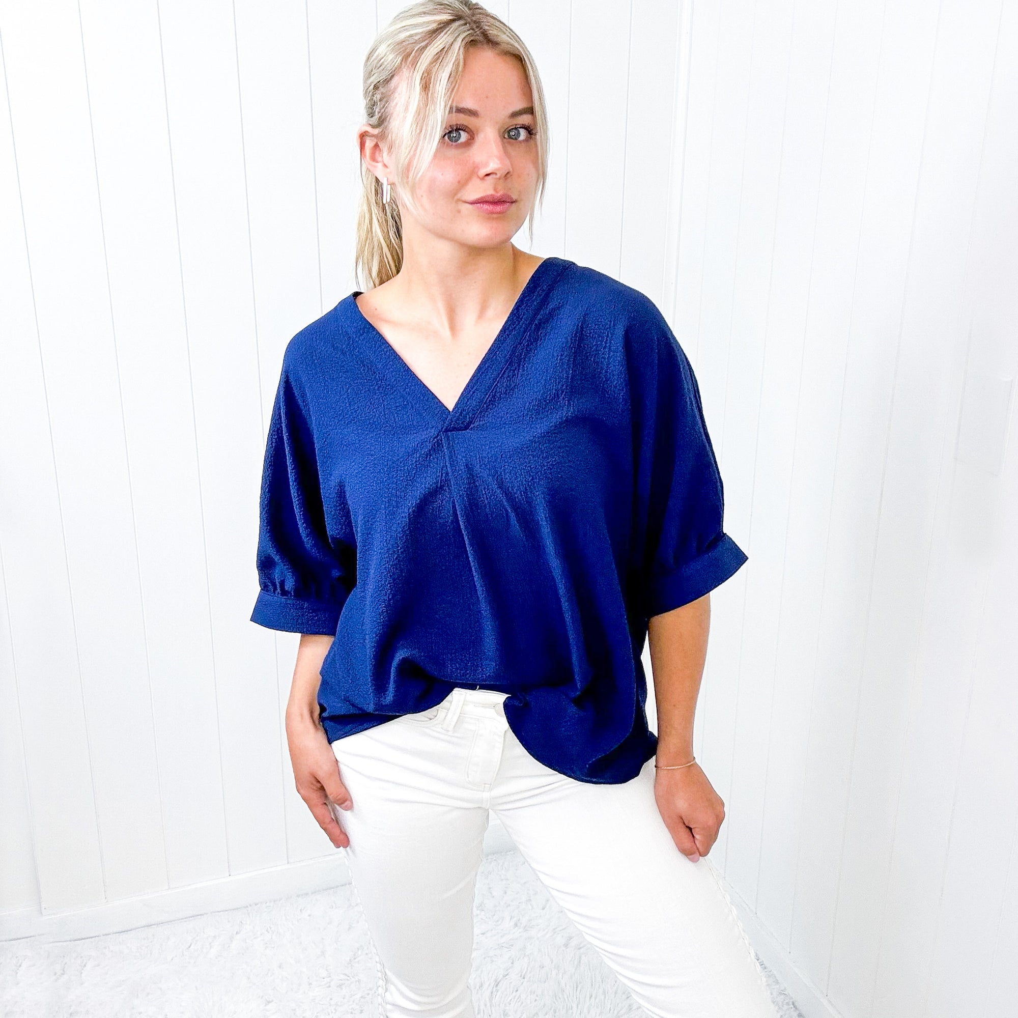 Andree By Unit Navy V Neckline Short Sleeve Blouse - Boujee Boutique 