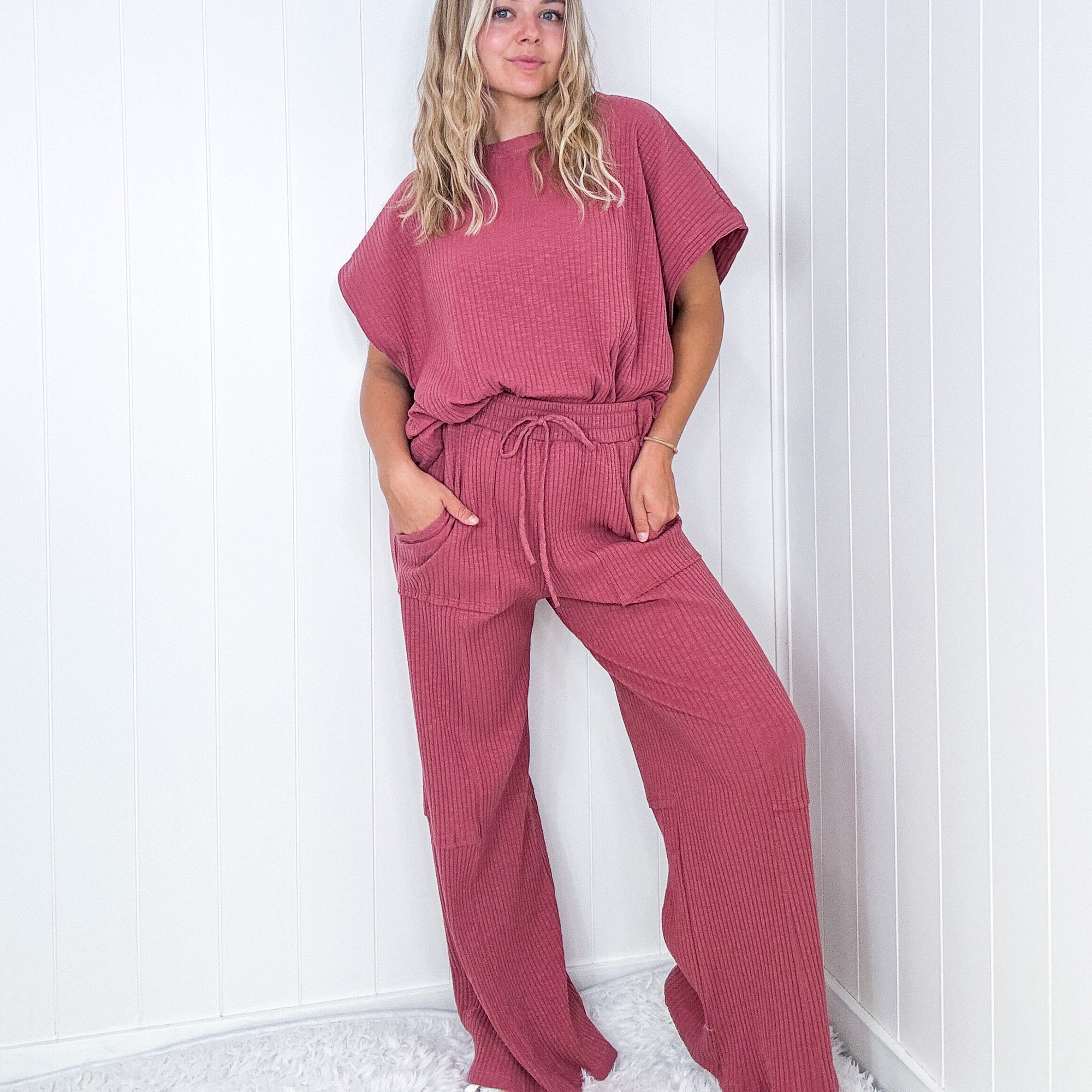 Relax and Unwind Ribbed Knit Short Sleeve and Pant Set in 3 Colors - Boujee Boutique 