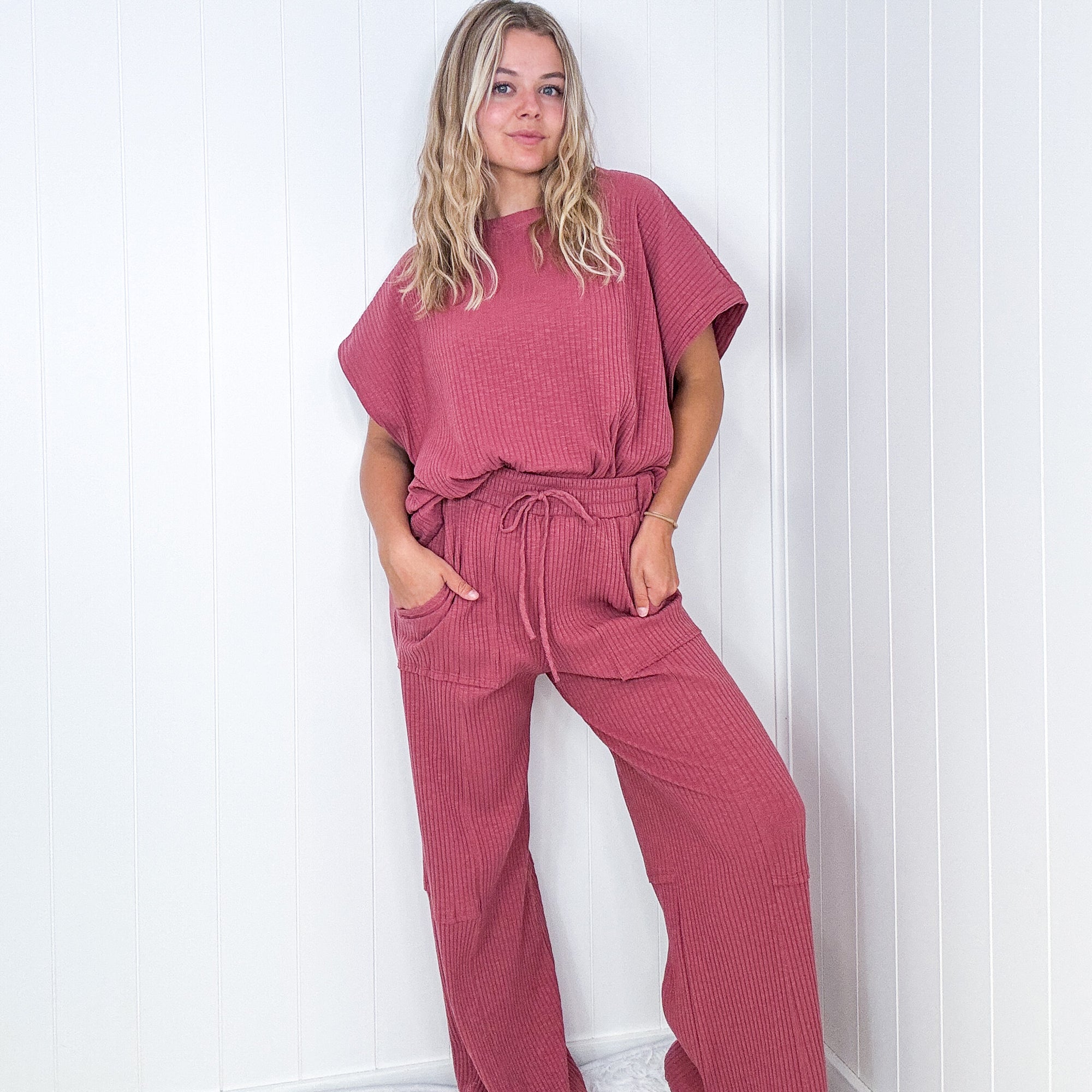 Relax and Unwind Ribbed Knit Short Sleeve and Pant Set in 3 Colors - Boujee Boutique 