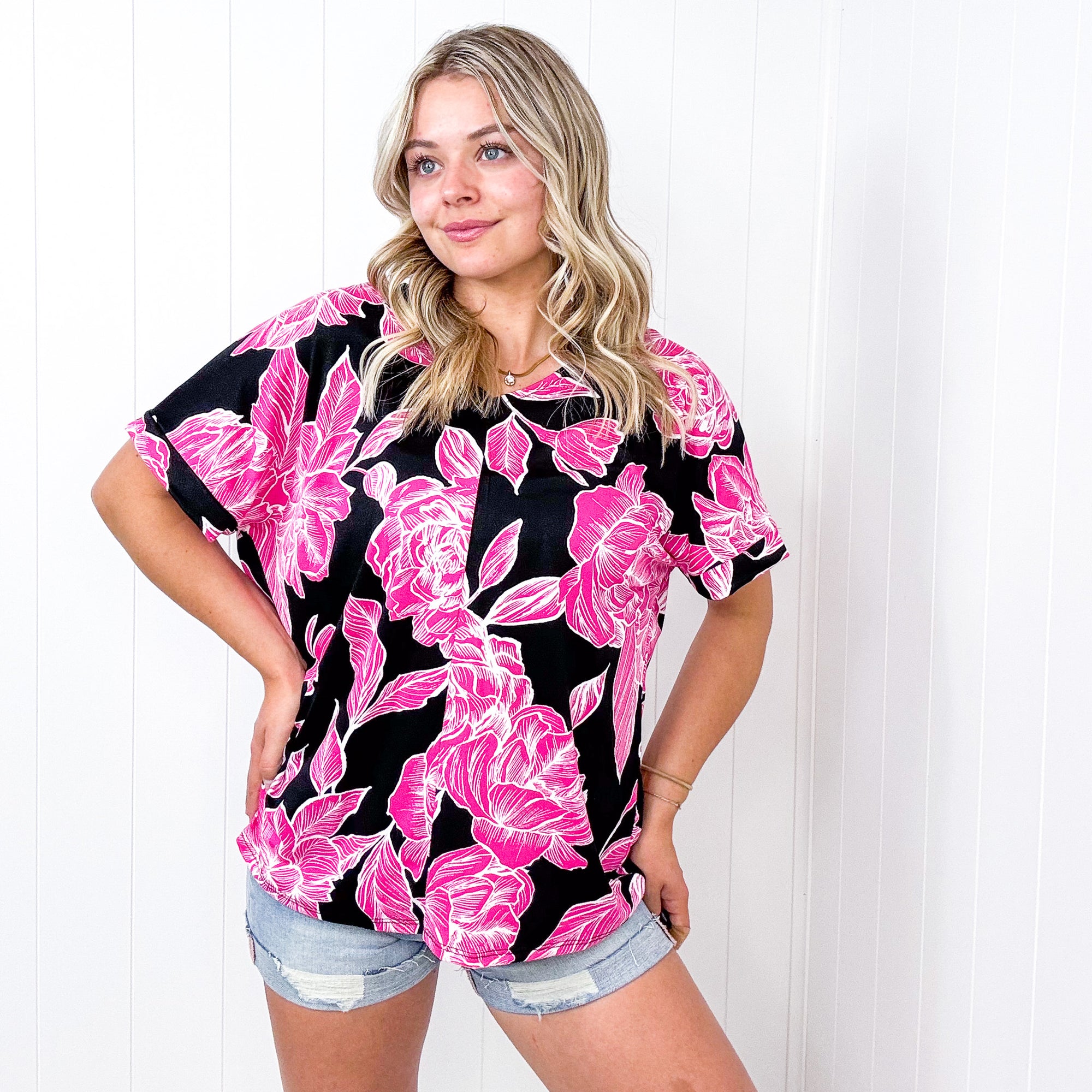 Tropical Vibes Black and Hot Pink Floral V Neck Blouse - Boujee Boutique 