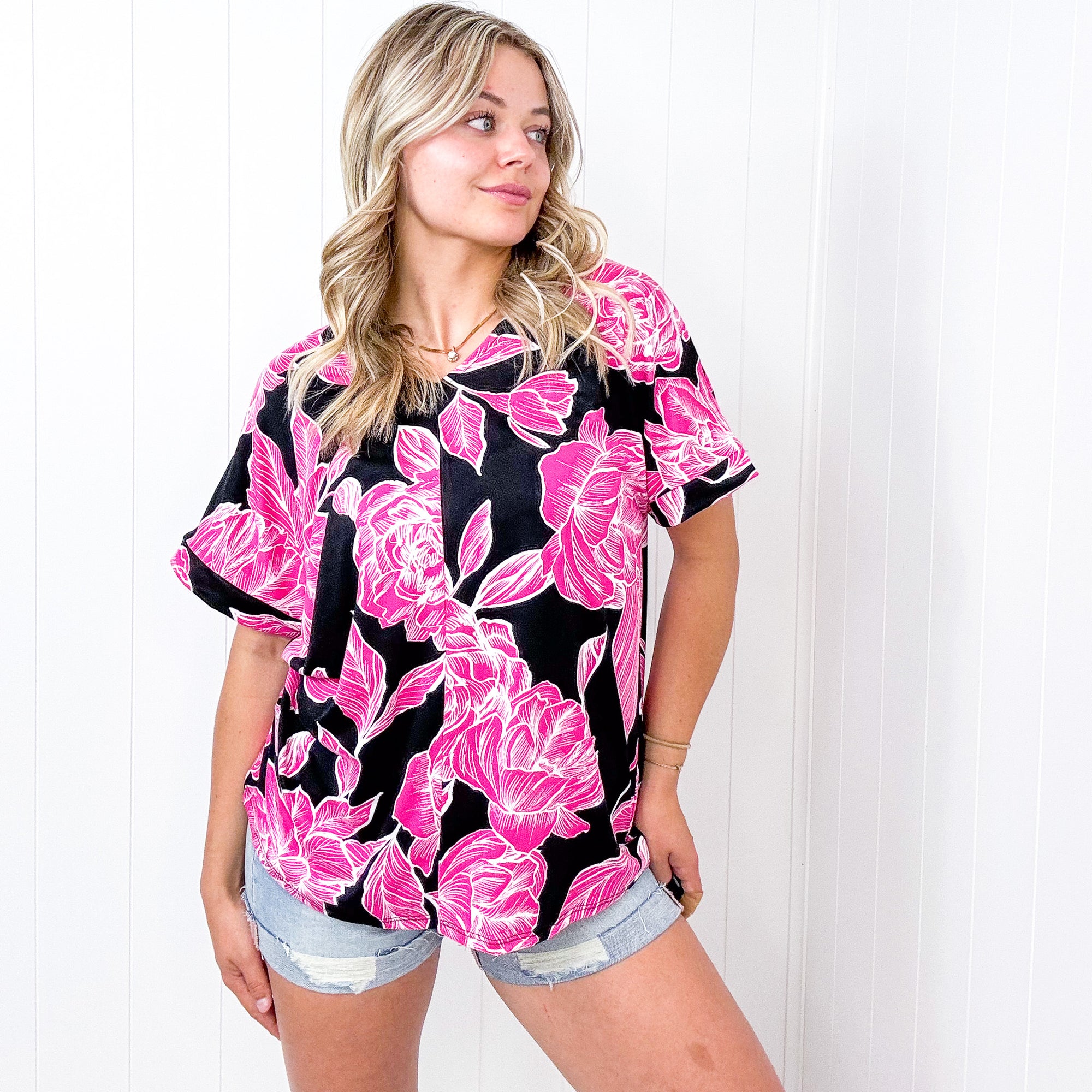 Tropical Vibes Black and Hot Pink Floral V Neck Blouse - Boujee Boutique 