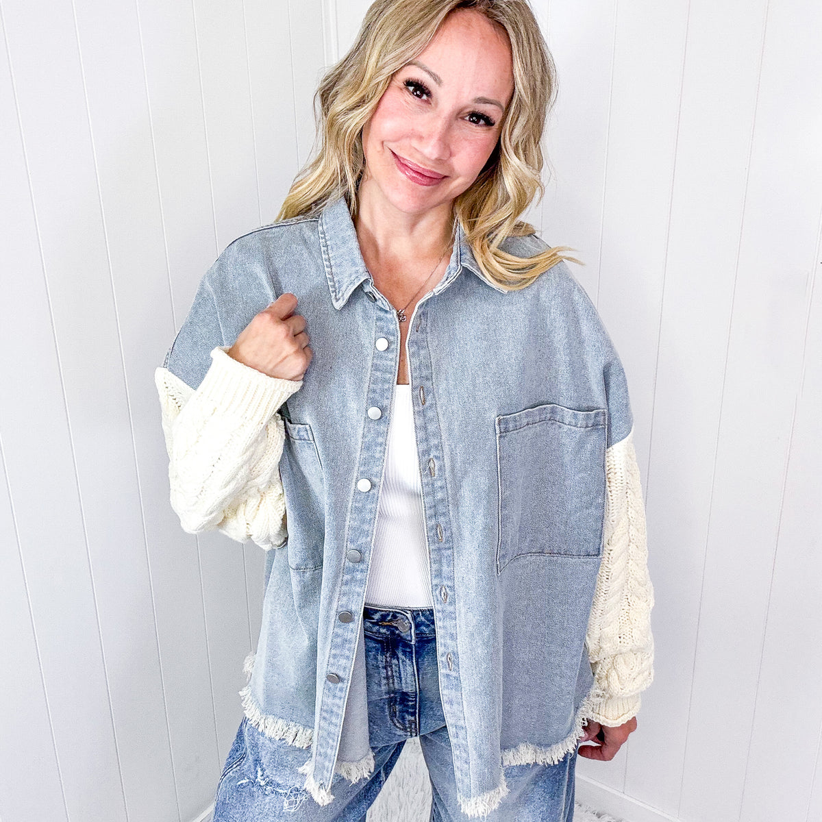 POL Crochet Couture Denim and Contrast Sleeve Button Up Jacket in 4 Options - Boujee Boutique 