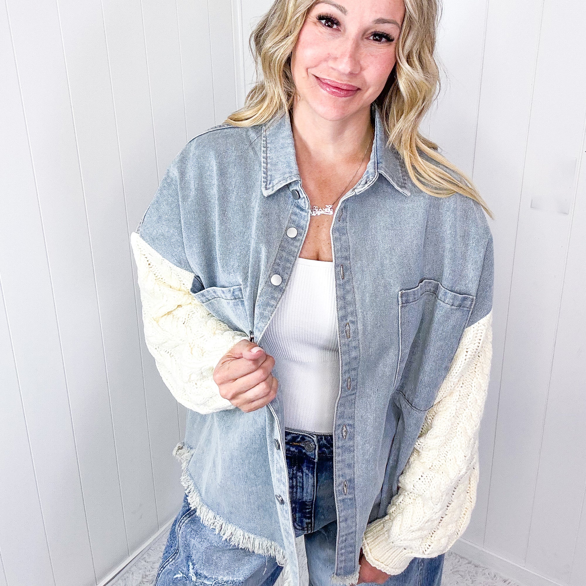 POL Crochet Couture Denim and Contrast Sleeve Button Up Jacket in 4 Options - Boujee Boutique 