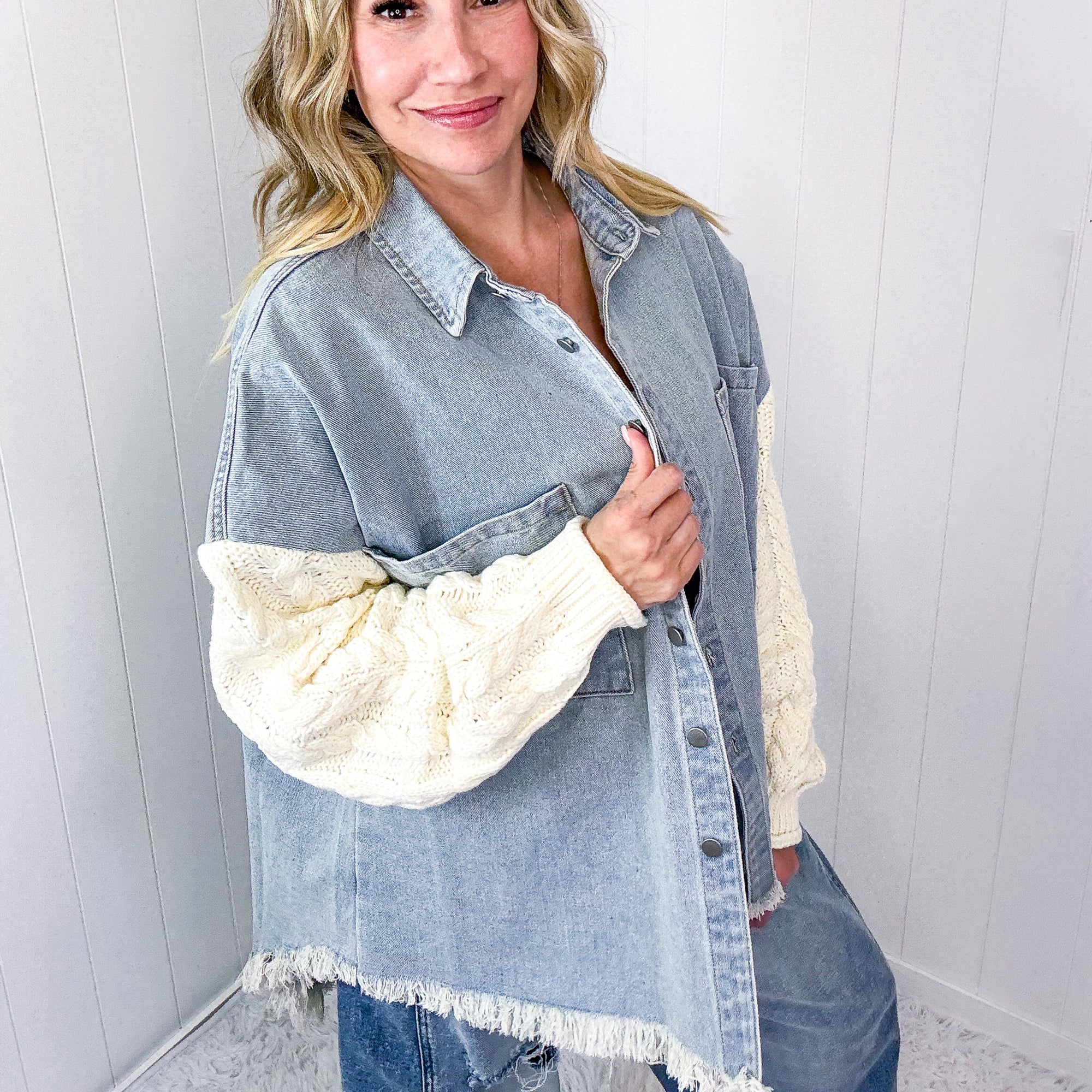 POL Crochet Couture Denim and Contrast Sleeve Button Up Jacket in 4 Options - Boujee Boutique 