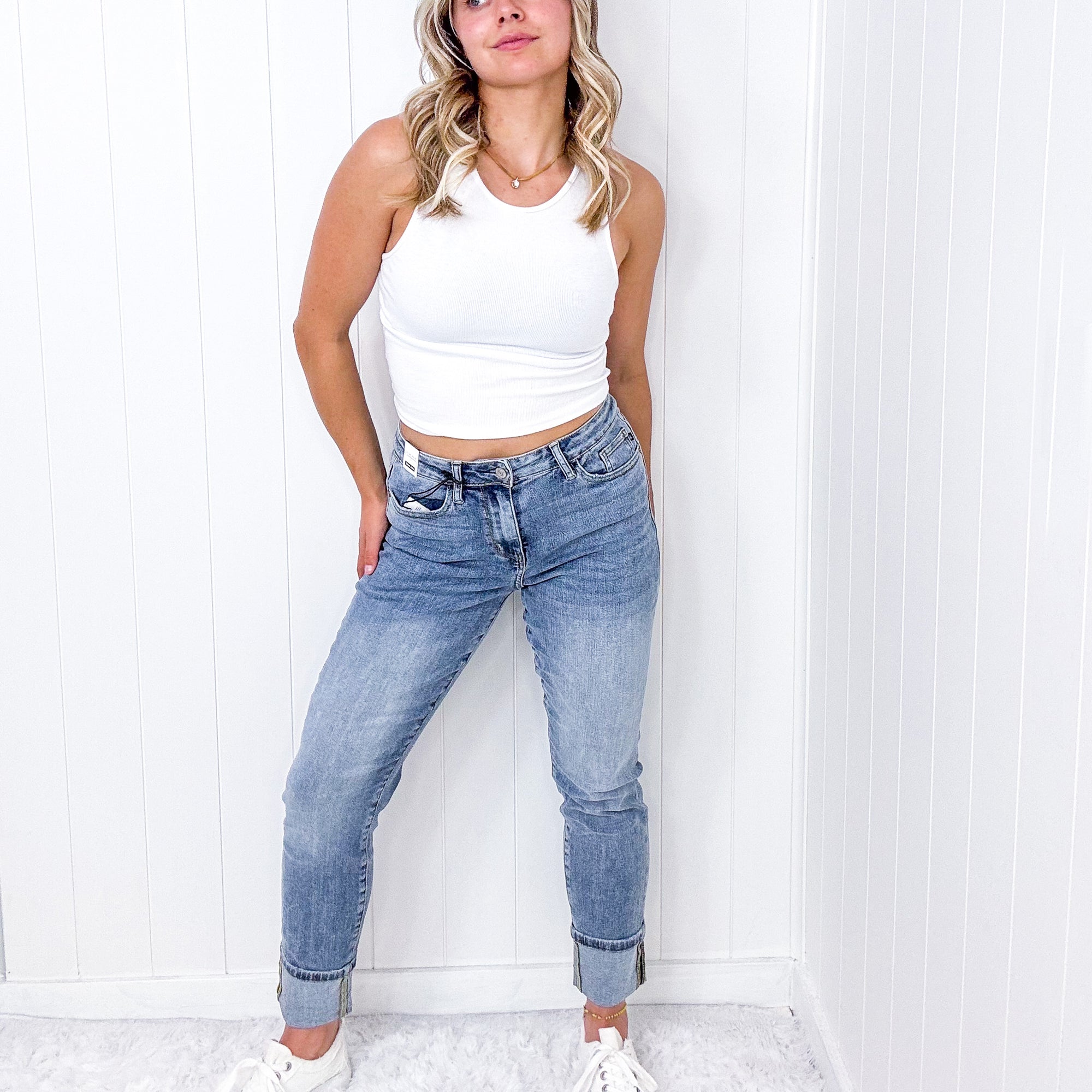 Judy Blue Kali Cuffed High Waist Vintage Wash Boyfriend Jeans - Boujee Boutique 