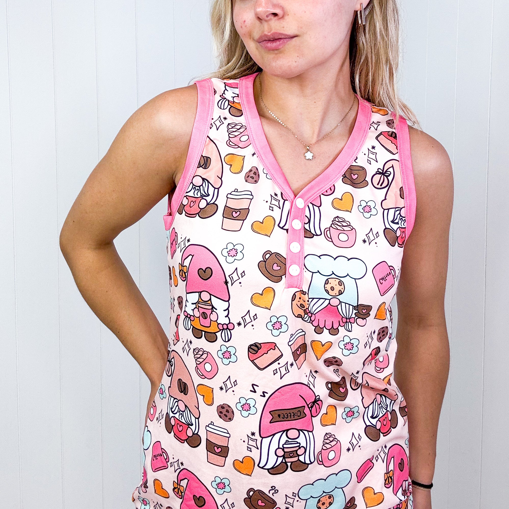 Waking up with Coffee Gnomes Soft Sleeveless Short Pajama Set - Boujee Boutique 