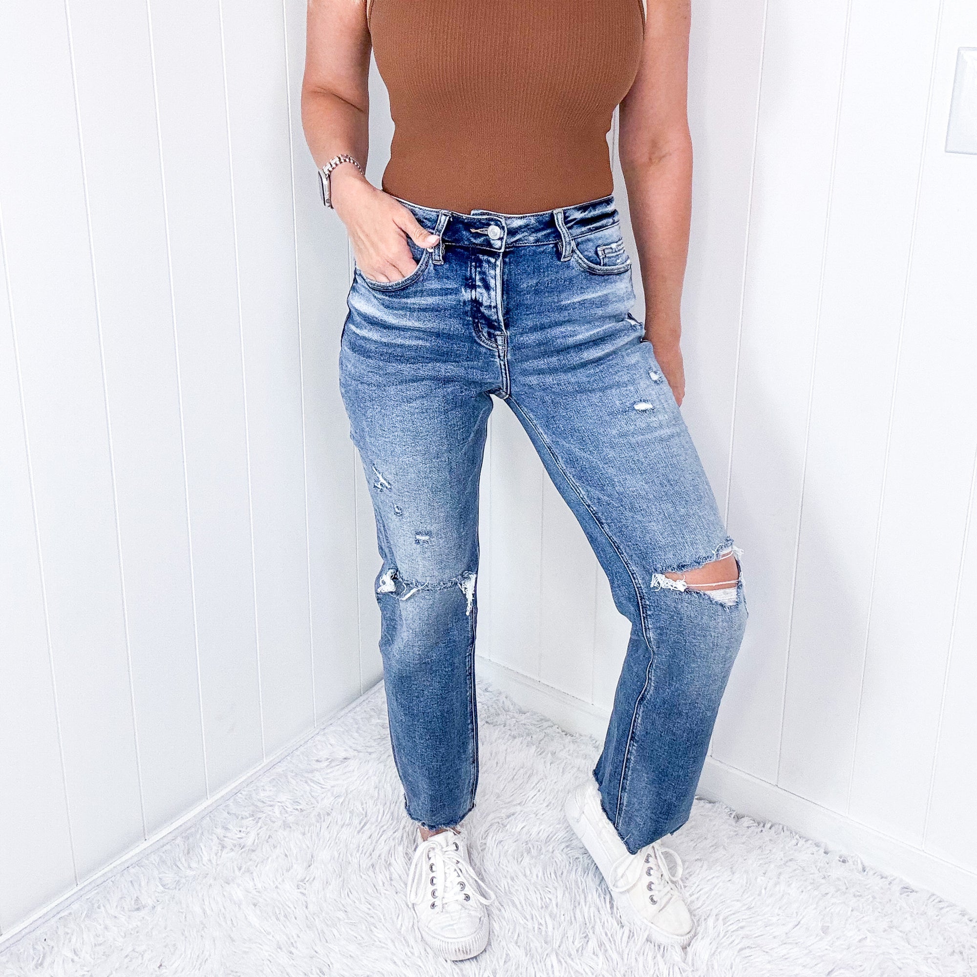 Mica Denim Button Up High Rise Straight Leg Distressed Jeans In Medium Blue - Boujee Boutique 