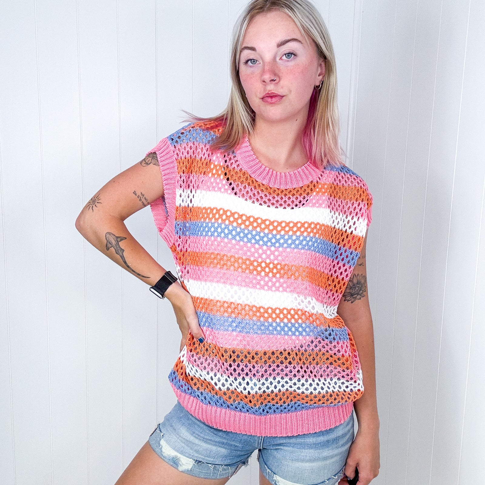 Pretty In Pink and Blue Striped Netted Crochet Dolman Sweater Top - Boujee Boutique 
