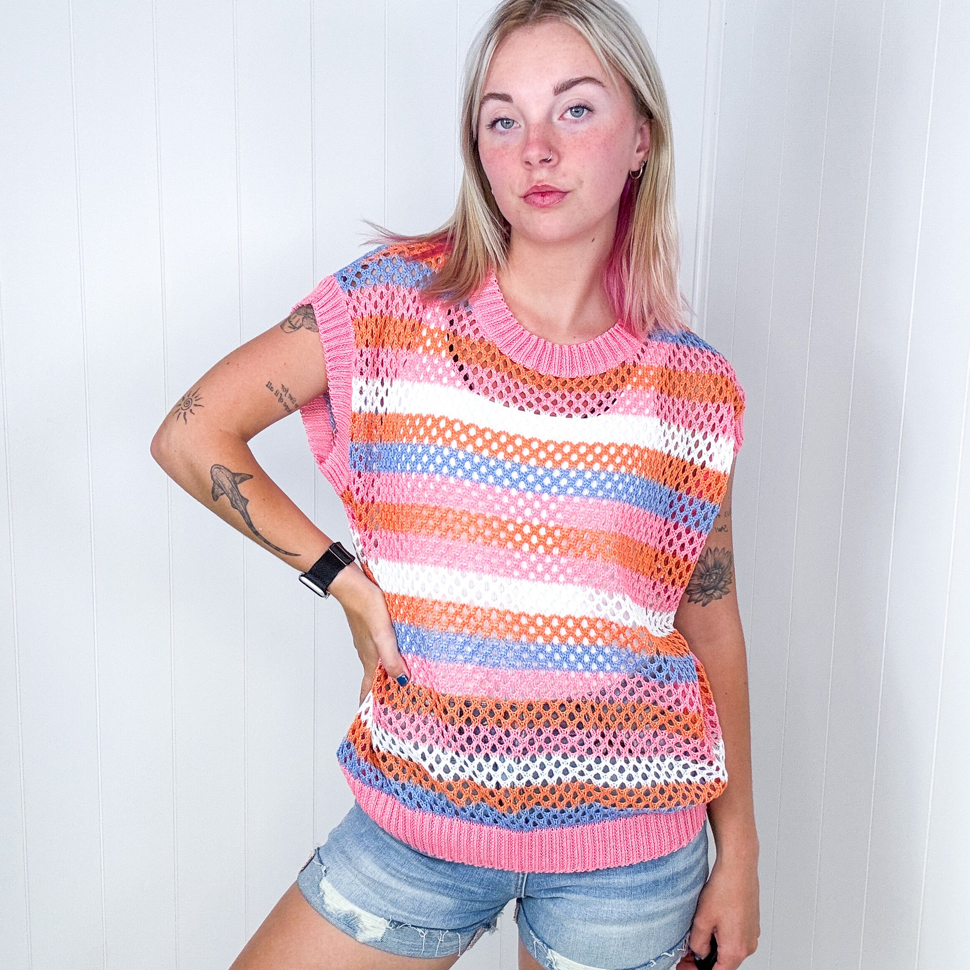 Pretty In Pink and Blue Striped Netted Crochet Dolman Sweater Top - Boujee Boutique 