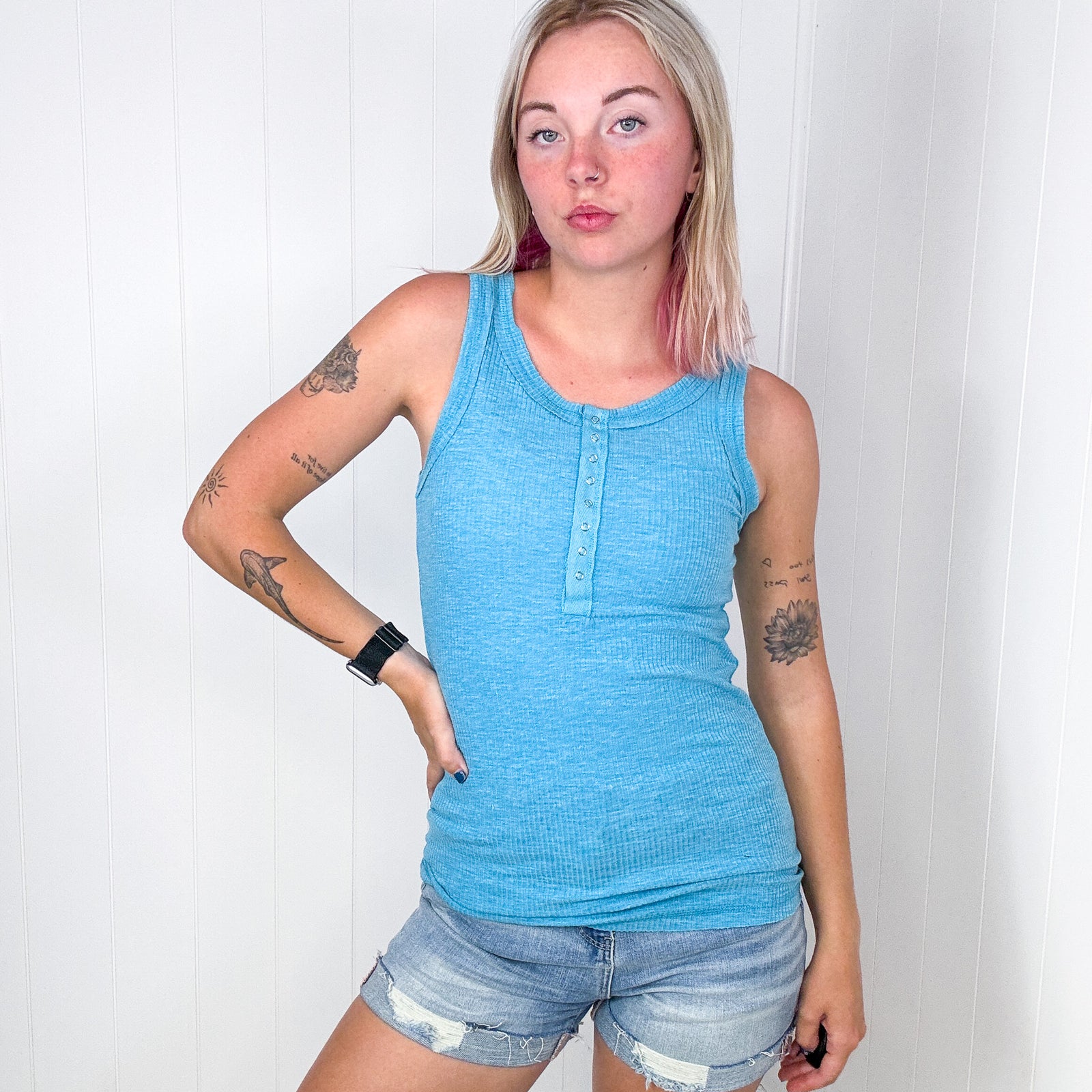 Summer Days Ice Blue Melange Ribbed Henley Button Down Tank Top - Boujee Boutique 